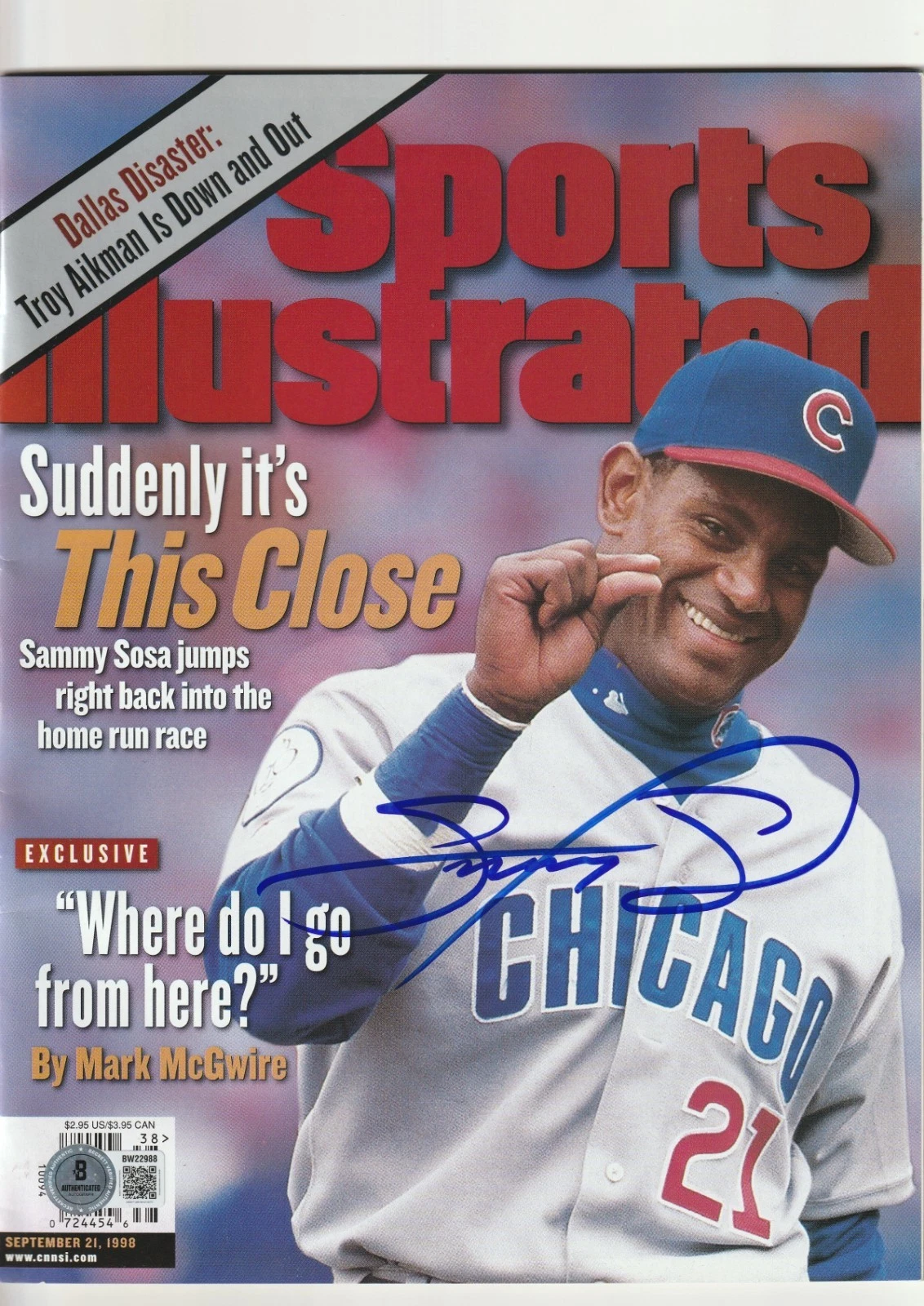 SAMMY SOSA Signed 9/21/98 SPORTS ILLUSTRATED Magazine (NO Label) Beckett BAS