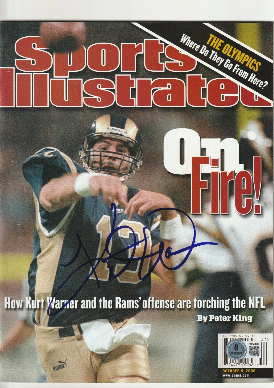 KURT WARNER Signed 10/9/00 SPORTS ILLUSTRATED Magazine (NO Label) Beckett (BAS)