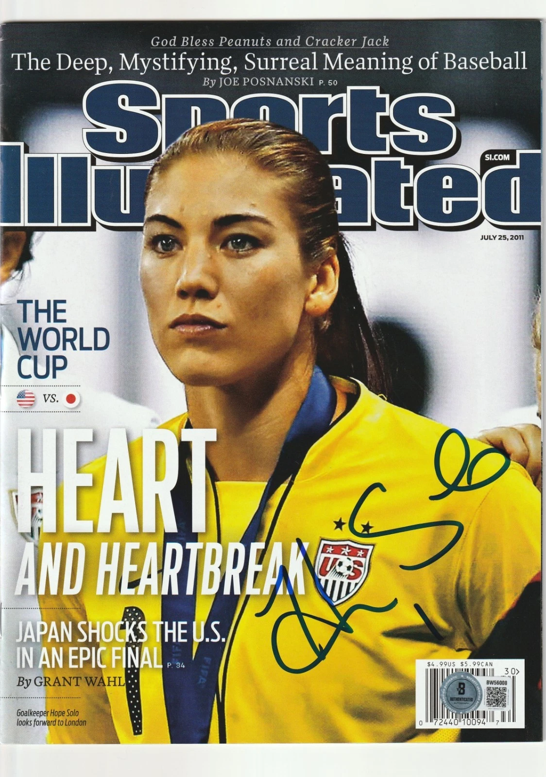 HOPE SOLO Signed 7/25/11 SPORTS ILLUSTRATED Magazine (NO Label) Beckett (BAS)