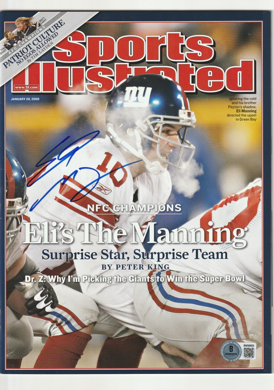 ELI MANNING Signed 1/28/08 SPORTS ILLUSTRATED Magazine (NO Label) Beckett