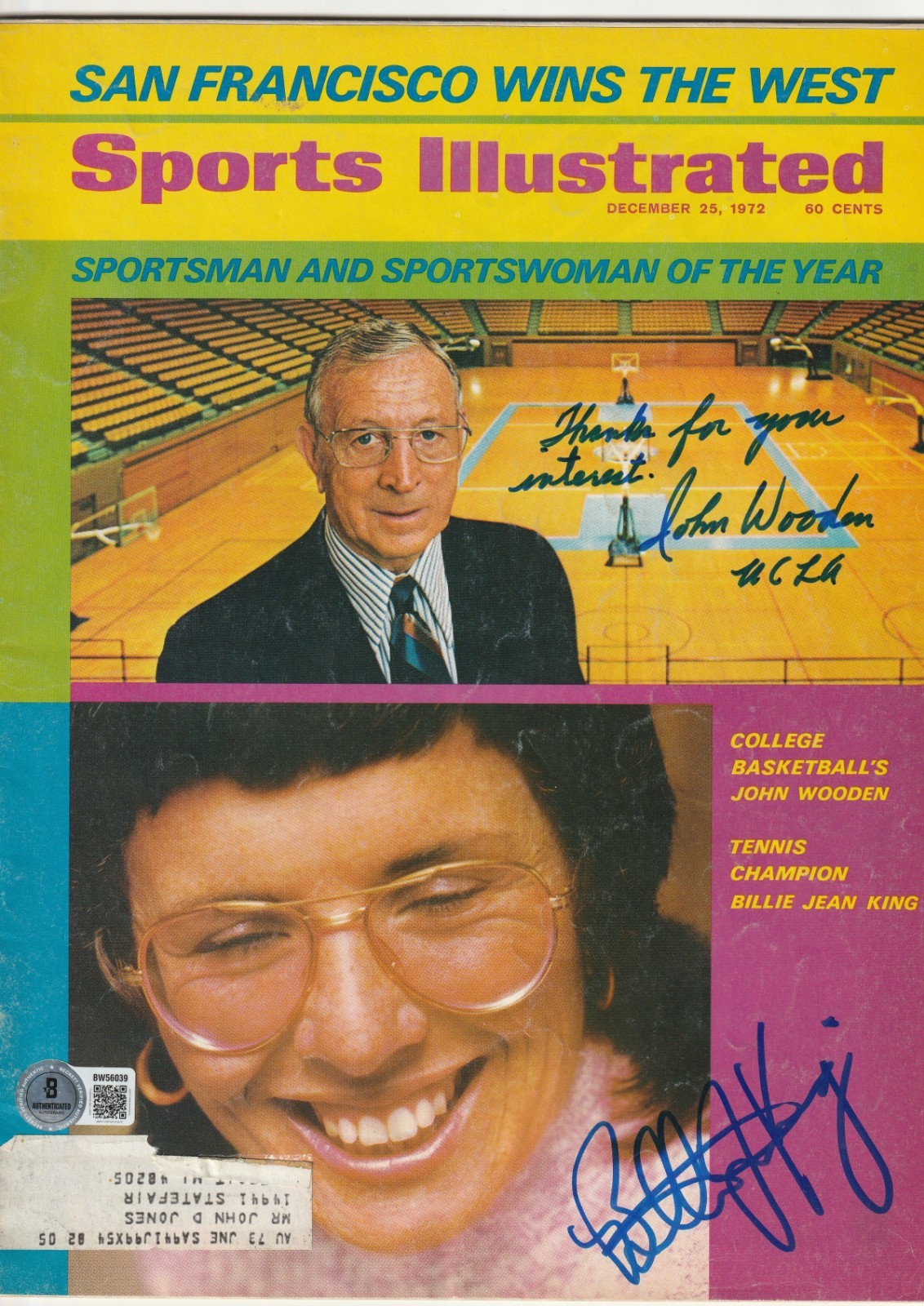 JOHN WOODEN & BILLIE JEAN KING Signed 12/25/72 SPORTS ILLUSTRATED Magazine BAS