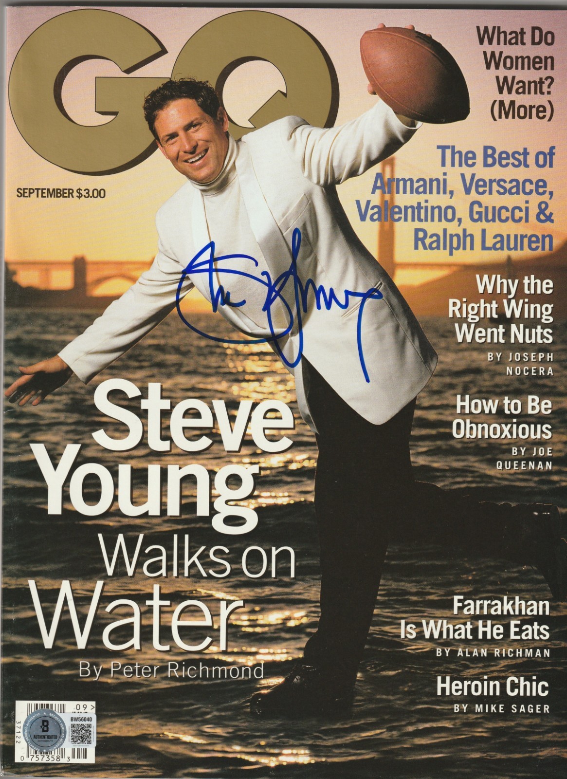 STEVE YOUNG Signed Sep 1995 GQ Magazine (NO Label) Beckett