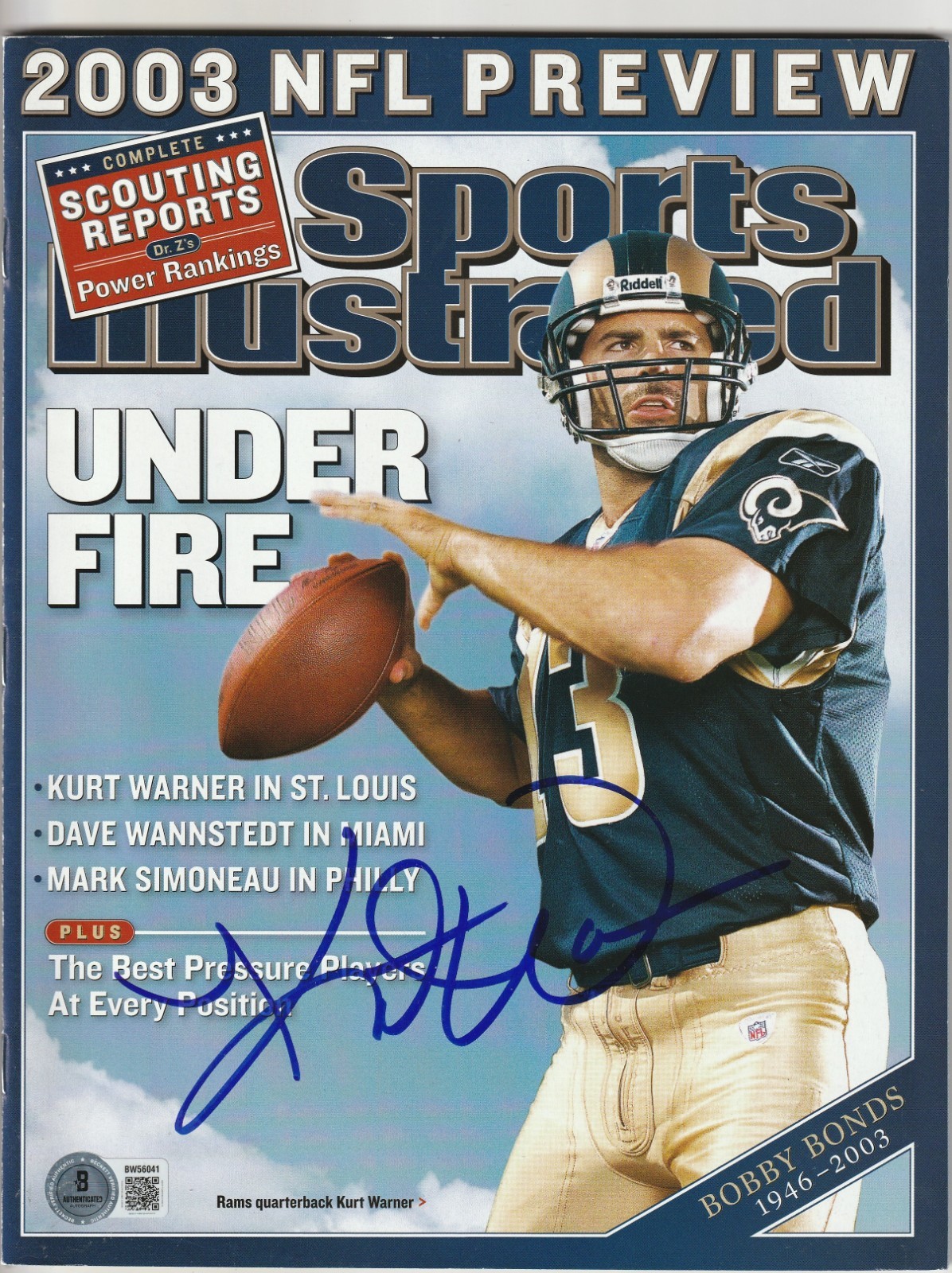 KURT WARNER Signed 2013 SPORTS ILLUSTRATED Magazine (NO Label) Beckett BAS