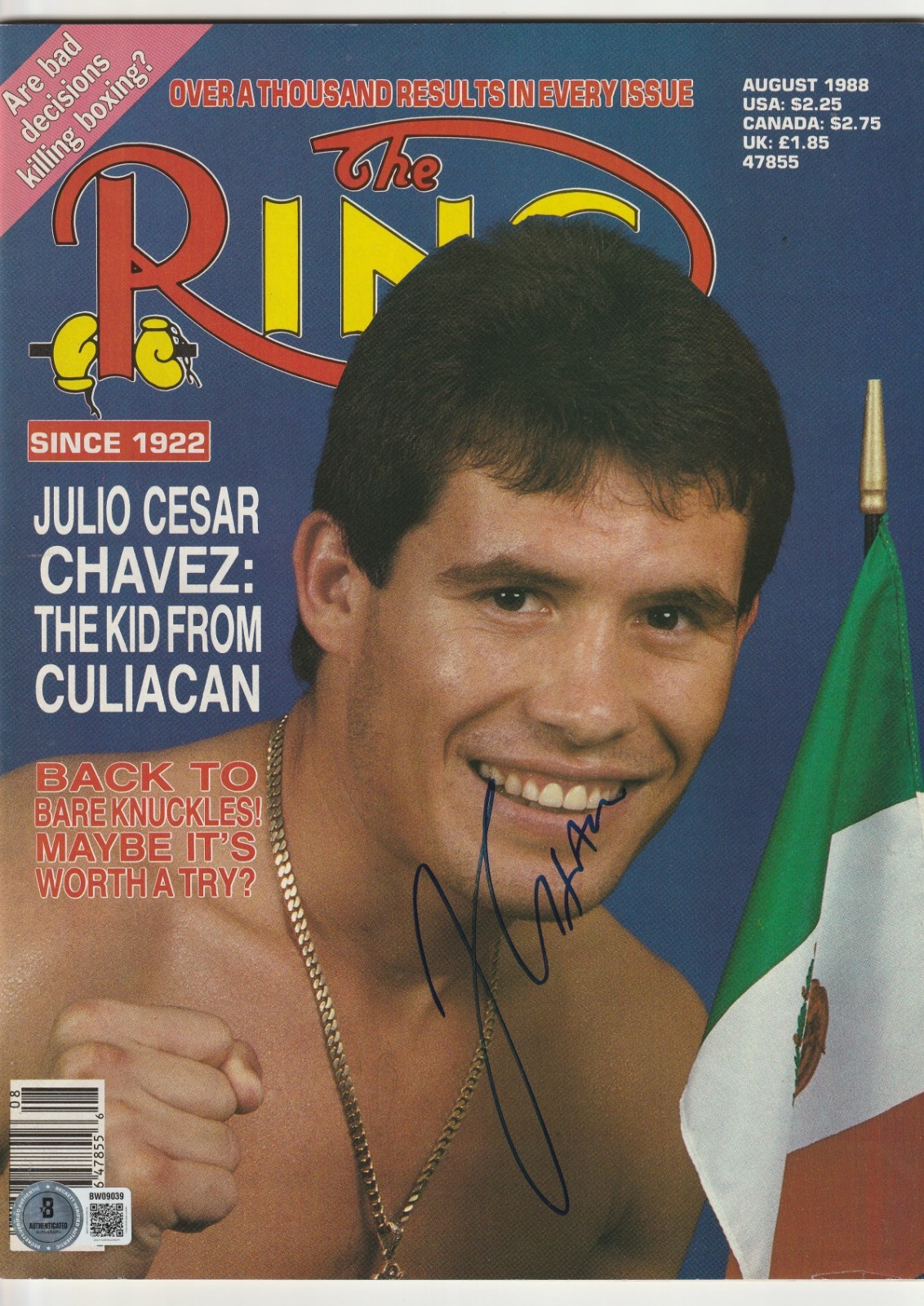 JULIO CESAR CHAVEZ Signed August 1988 The RING Magazine (NO Label) Beckett BAS