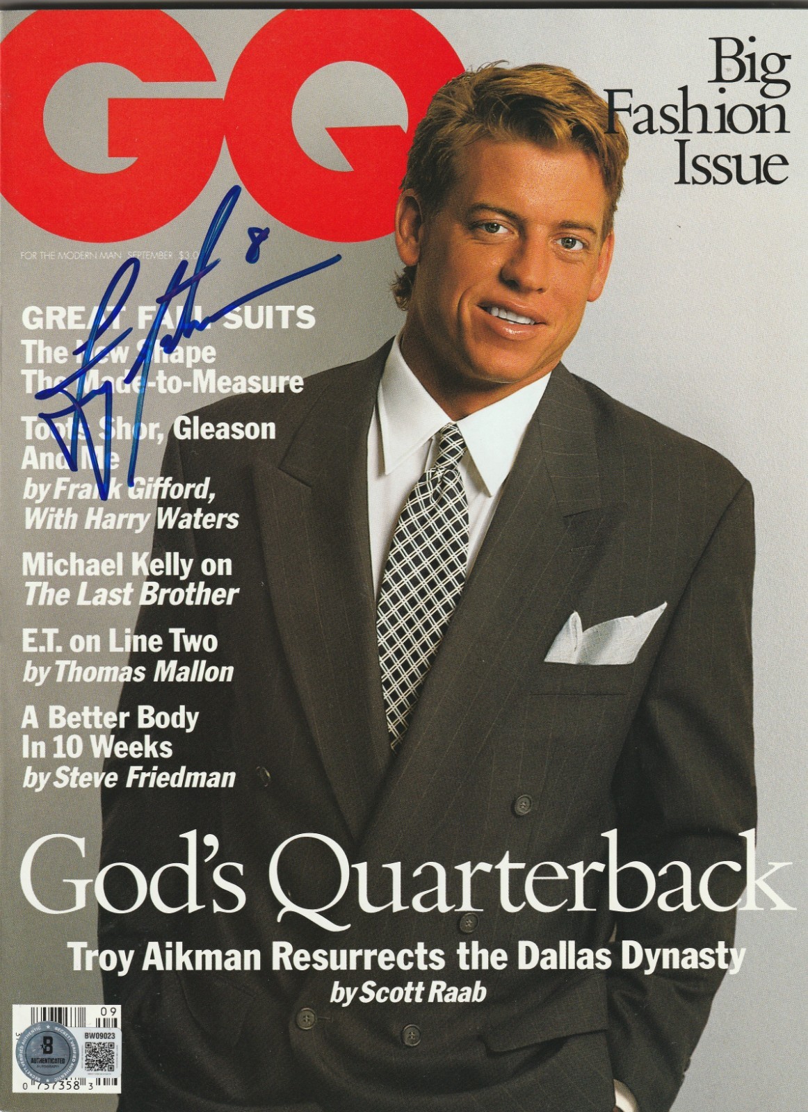 TROY AIKMAN Signed Sep 1993 GQ Magazine (NO Label) Beckett (BAS)