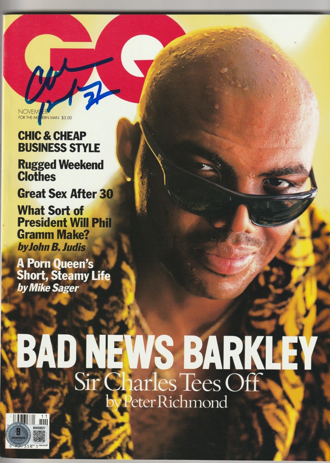 CHARLES BARKLEY Signed Nov 1994 GQ Magazine (NO Label) BAS