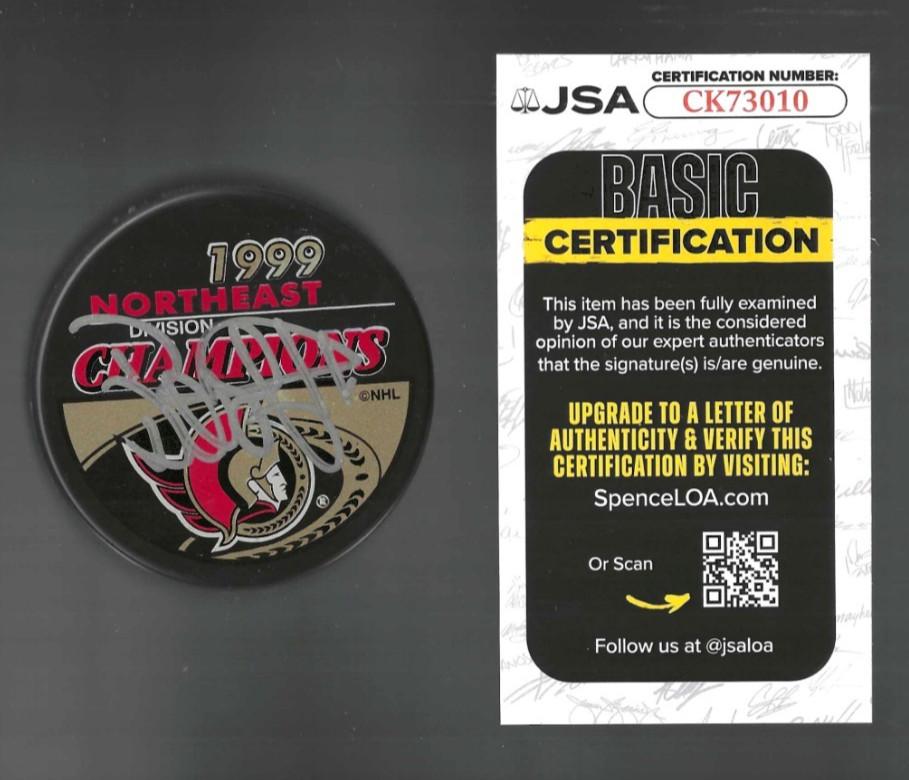 Daniel Alfredsson Signed Ottawa Senators 1999 Northeast Division Champs Puck JSA