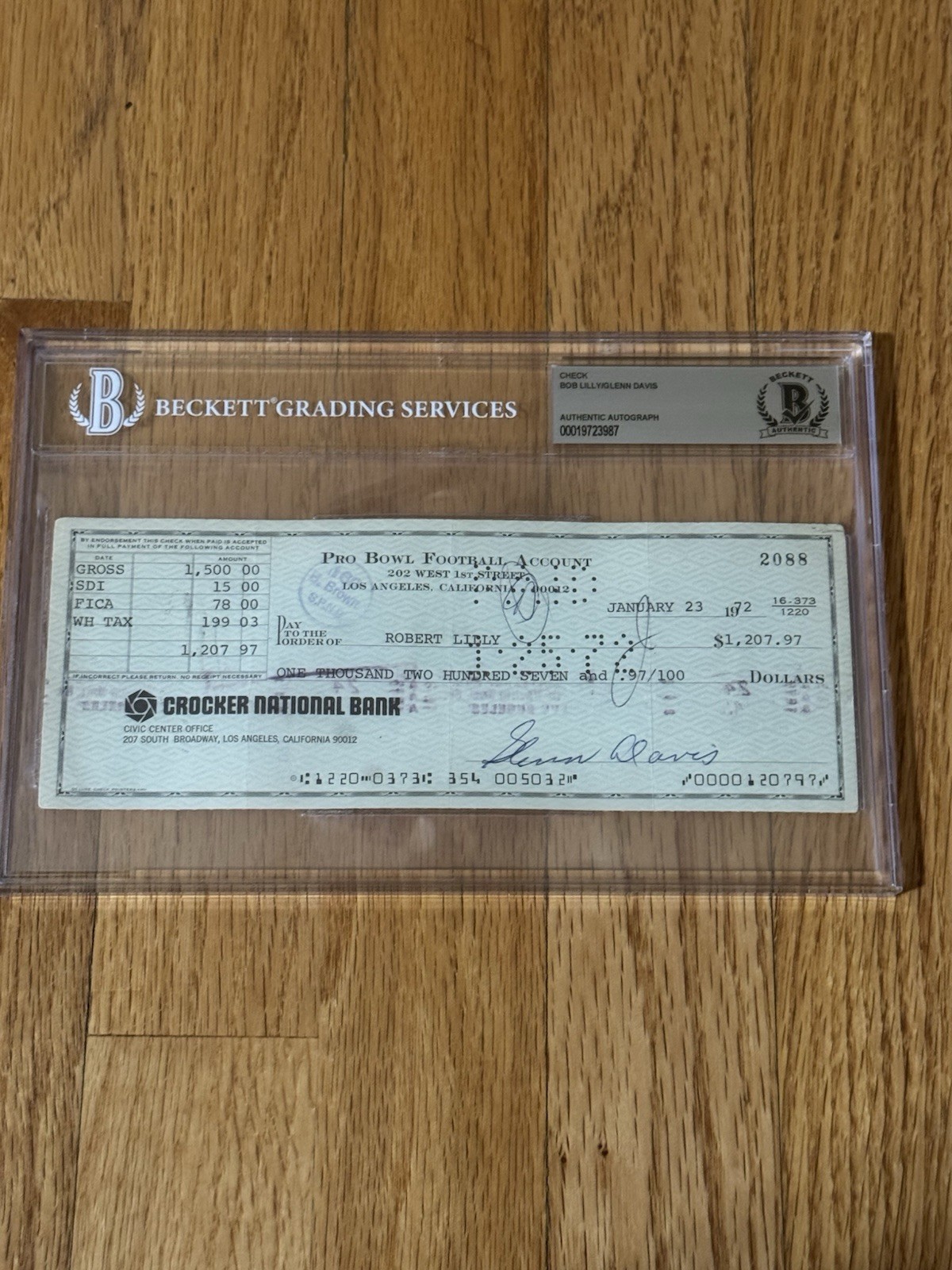 Rare Bob Lilly Signed Autographed 1972 Pro Bowl Check JSA Cowboys Mr Cowboy