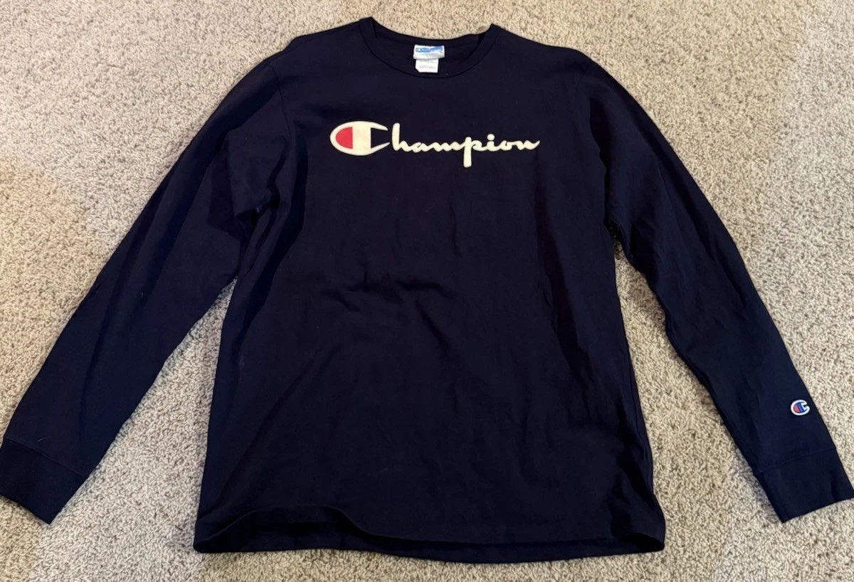 Vintage Mens Champion Large Logo T Shirt Navy Blue Long Sleeve