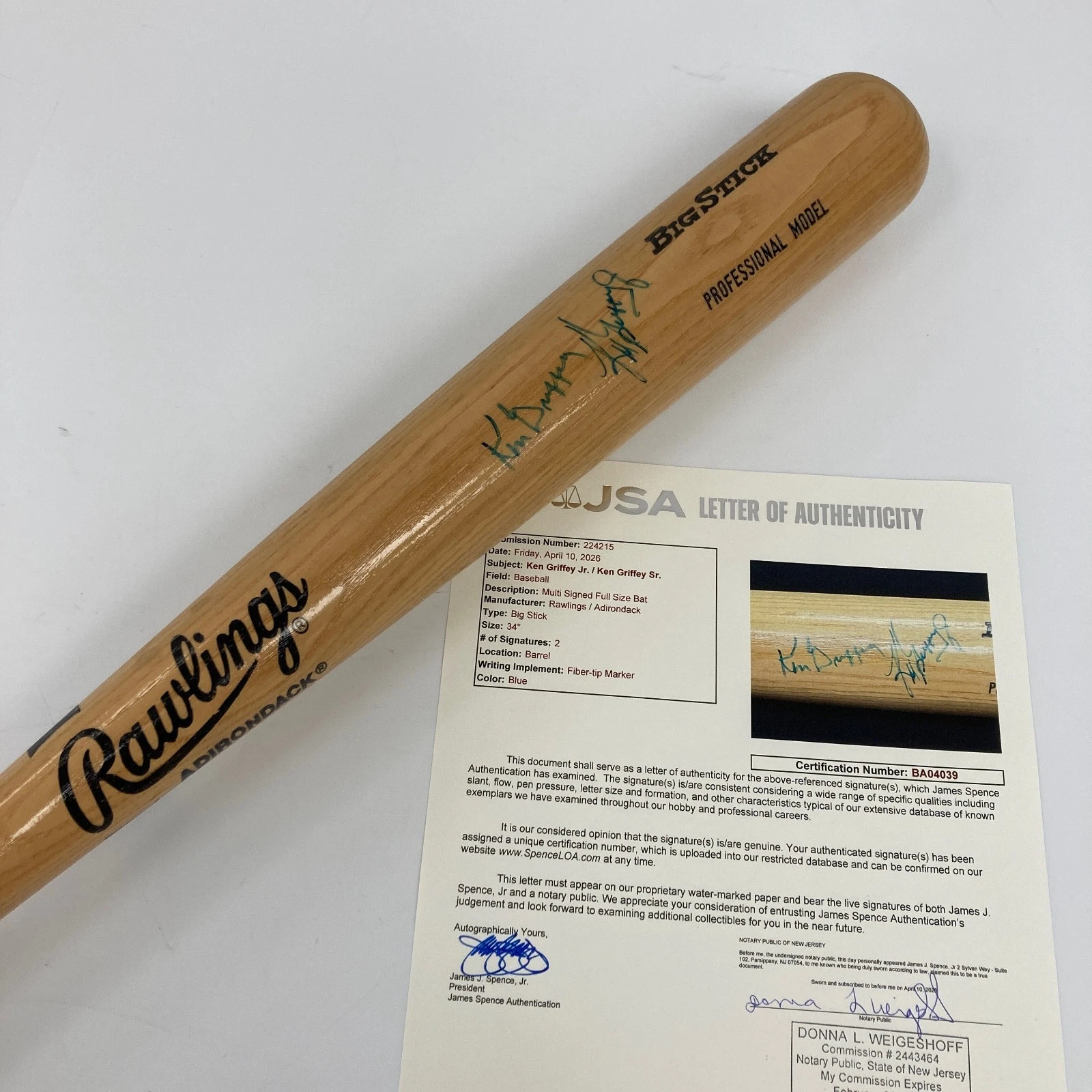 Ken Griffey Jr. & Ken Griffey Sr. Signed Rawlings Baseball Bat JSA COA