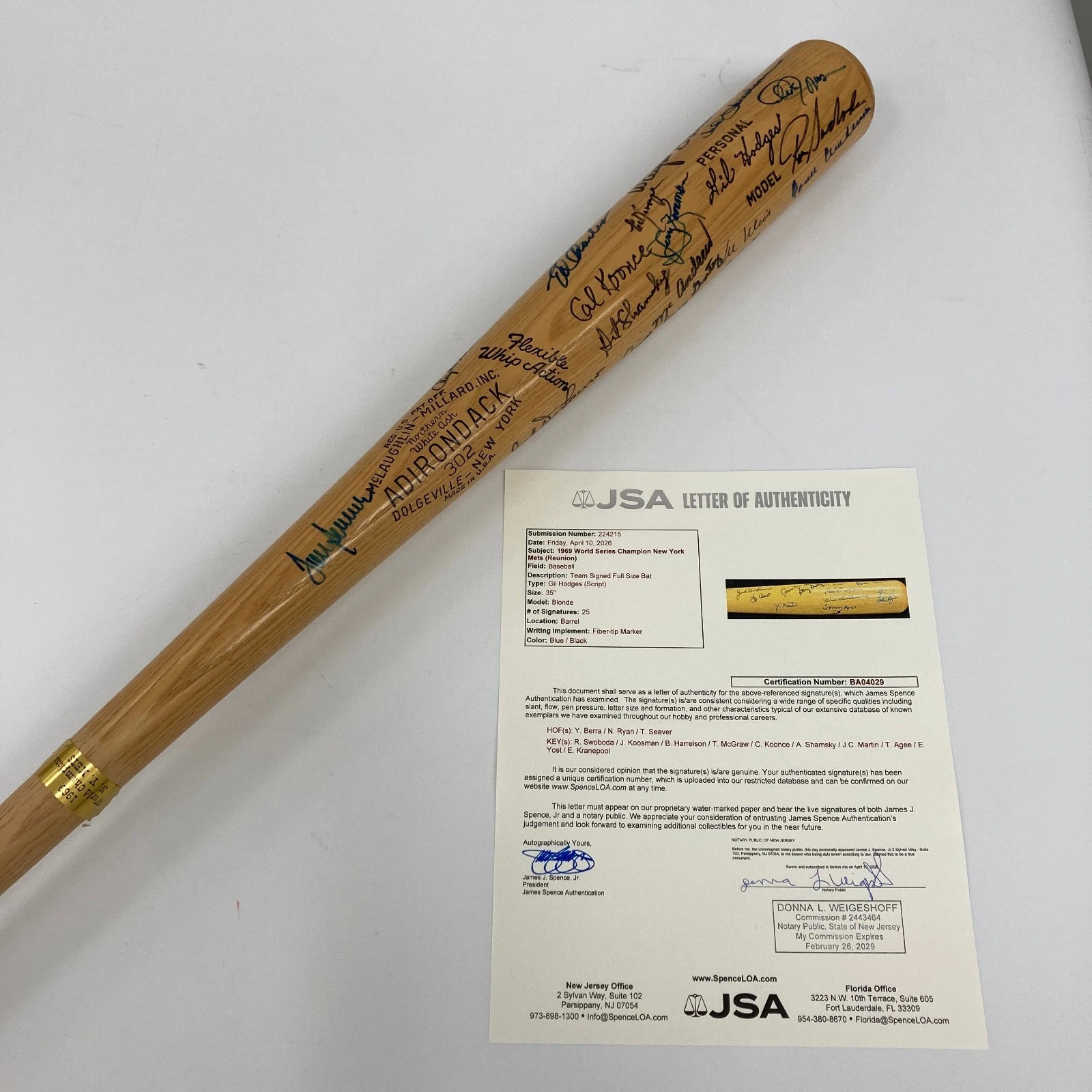 1969 New York Mets World Series Champs Team Signed Bat Nolan Ryan Tom Seaver JSA
