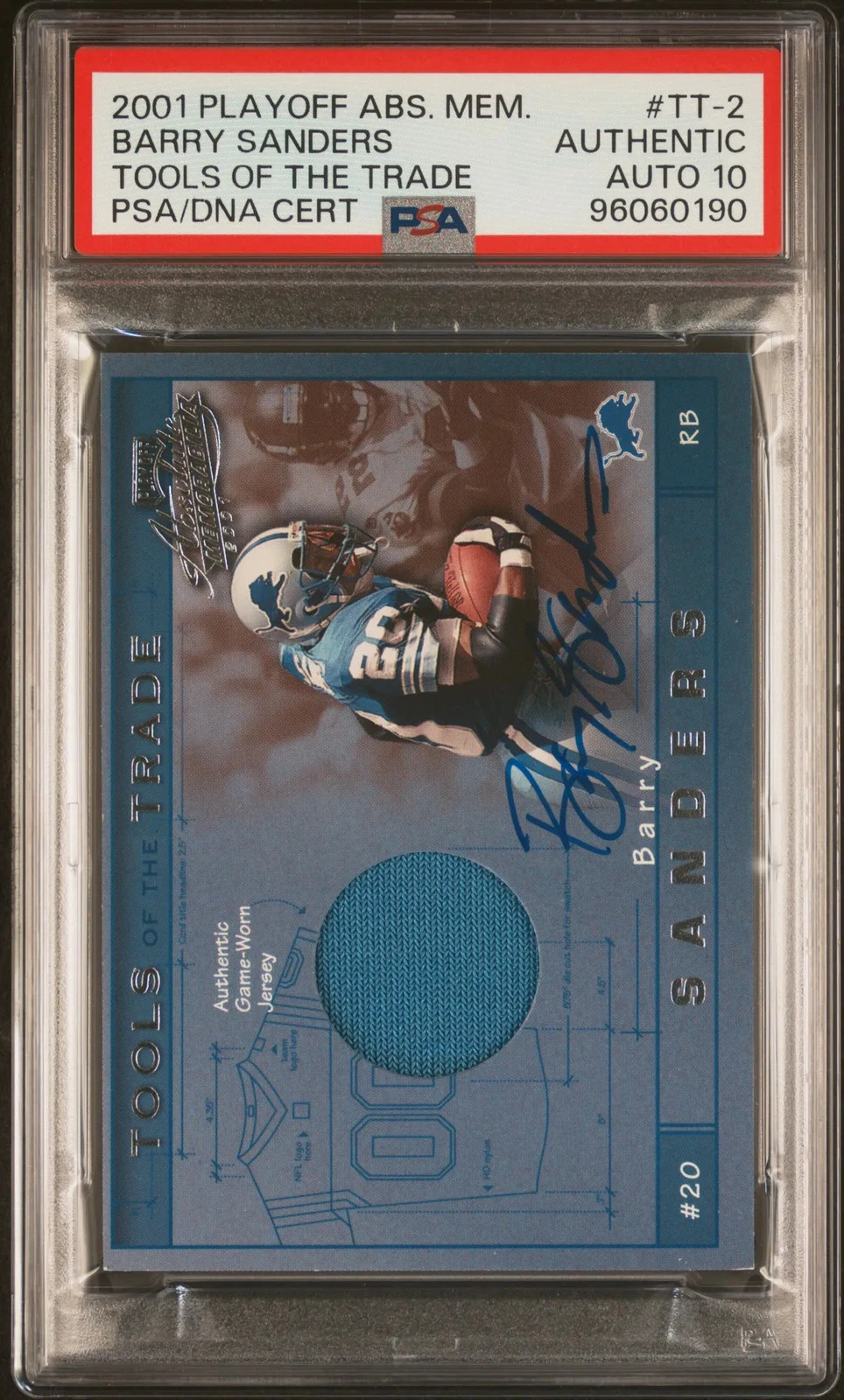 Barry Sanders 2001 Playoff Abs Mem Tool Trade#TT-2 Signed Card PSA Auto 10