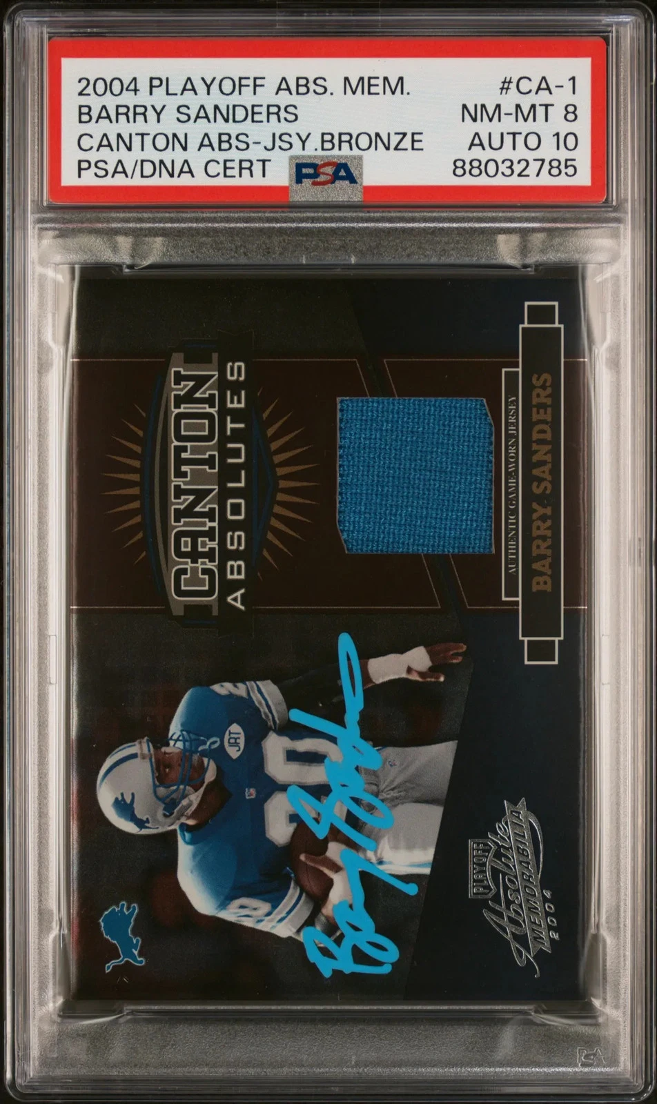 Barry Sanders 2004 Playoff Abs Mem Canton Jsy BronzeCA-1 Signed Card PSA8 Auto10
