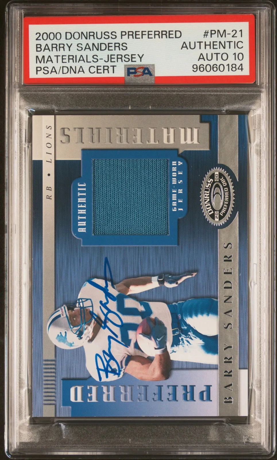 2000 Donruss Preferred Mat-Jrsy #PM-21 105/200  Barry Sanders Signed PSA Auto 10