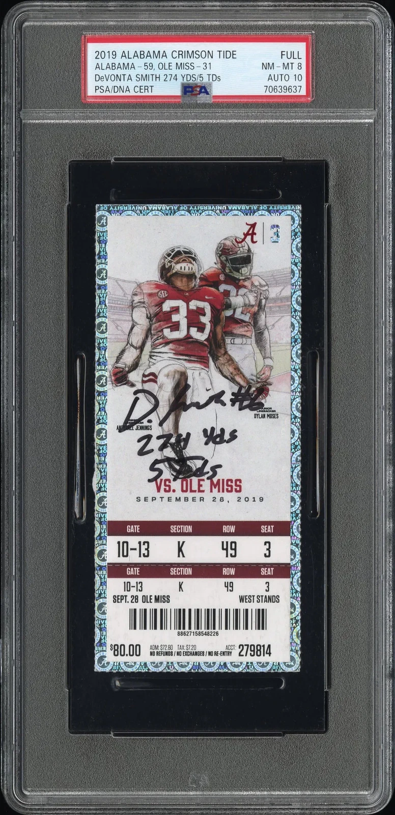 2019 Alabama Crimson Tide 5 TDS 274 Yd Devonta Smith Signed Ticket PSA 8 Auto 10