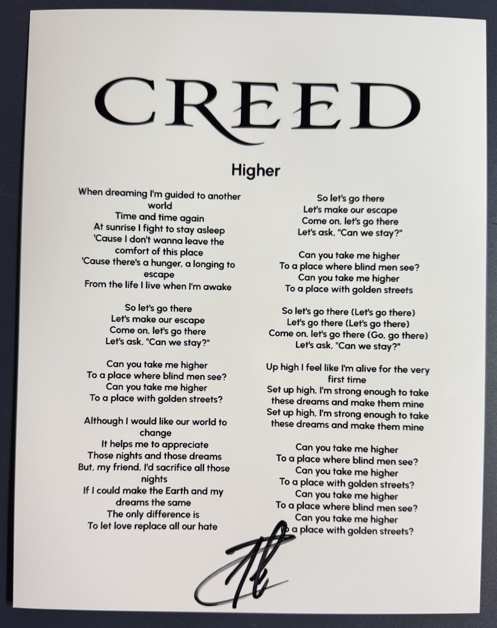 SCOTT STAPP SIGNED LYRIC SHEET CREED LEAD SINGER HIGHER AUTOGRAPH COA