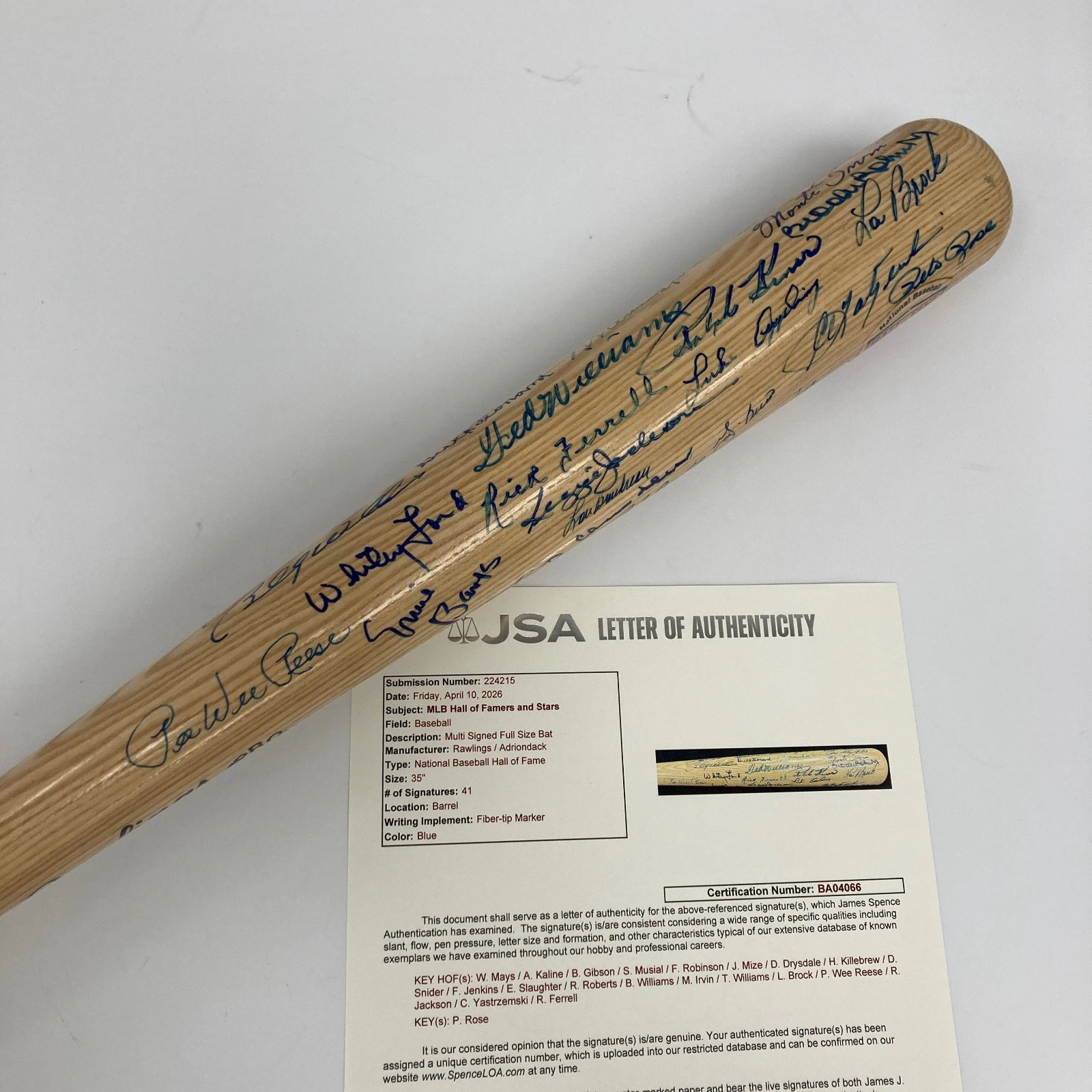 Beautiful Hall Of Fame Multi Signed Baseball Bat 41 Sigs Ted Williams Mays JSA
