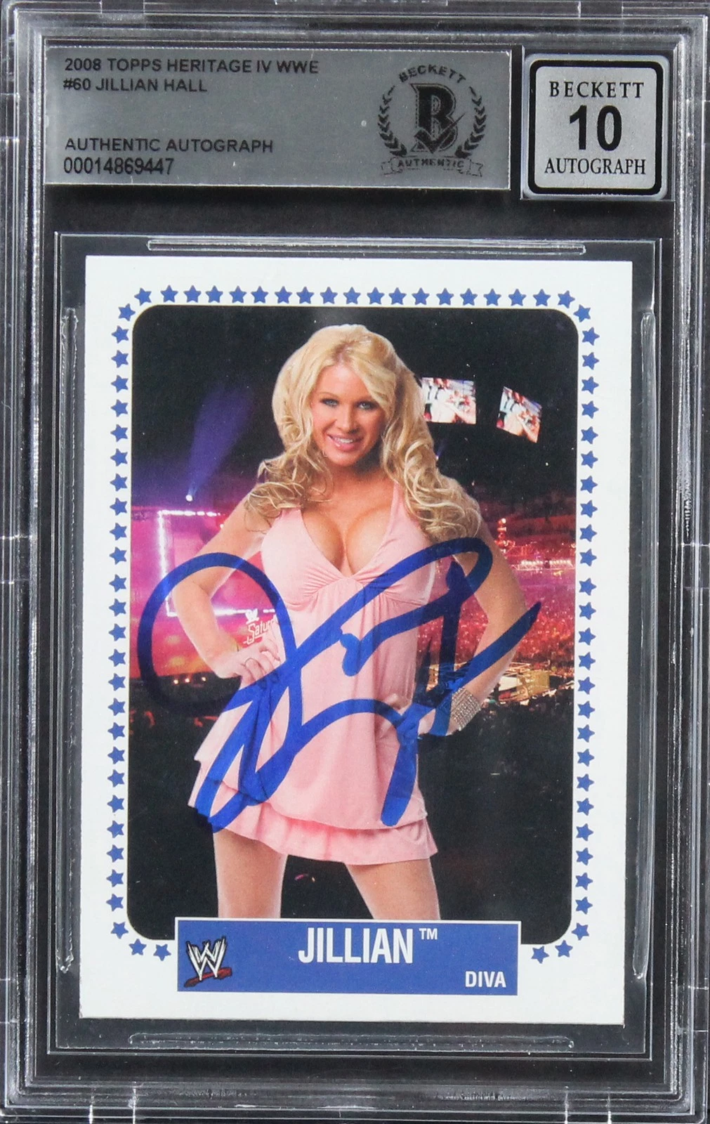 Jillian Hall Signed 2008 Topps Heritage IV WWE #60 Card Auto 10! BAS Slabbed