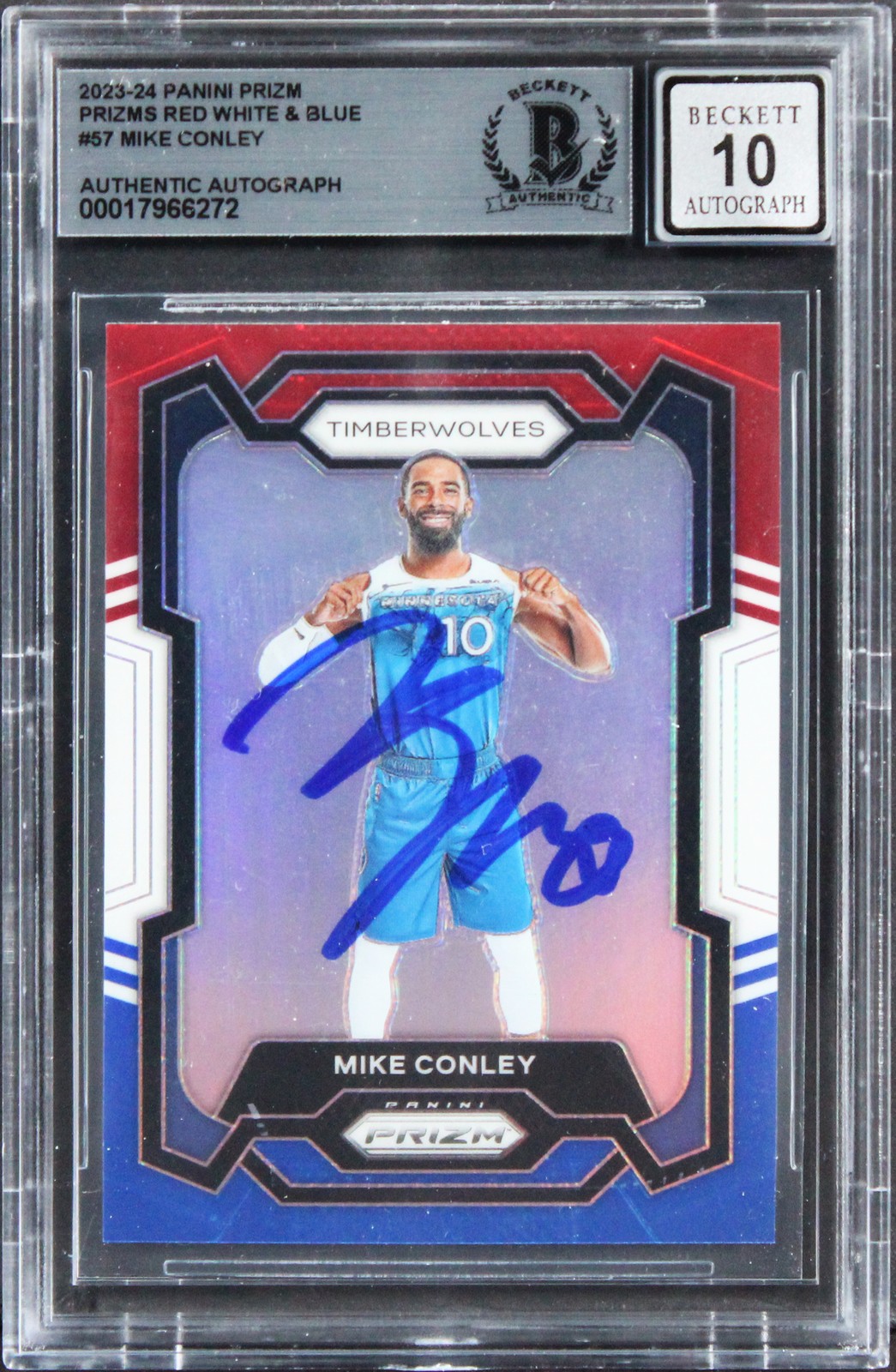 Timberwolves Mike Conley Signed 2023 Panini Prizm RWB #57 Card Auto 10! BAS Slab
