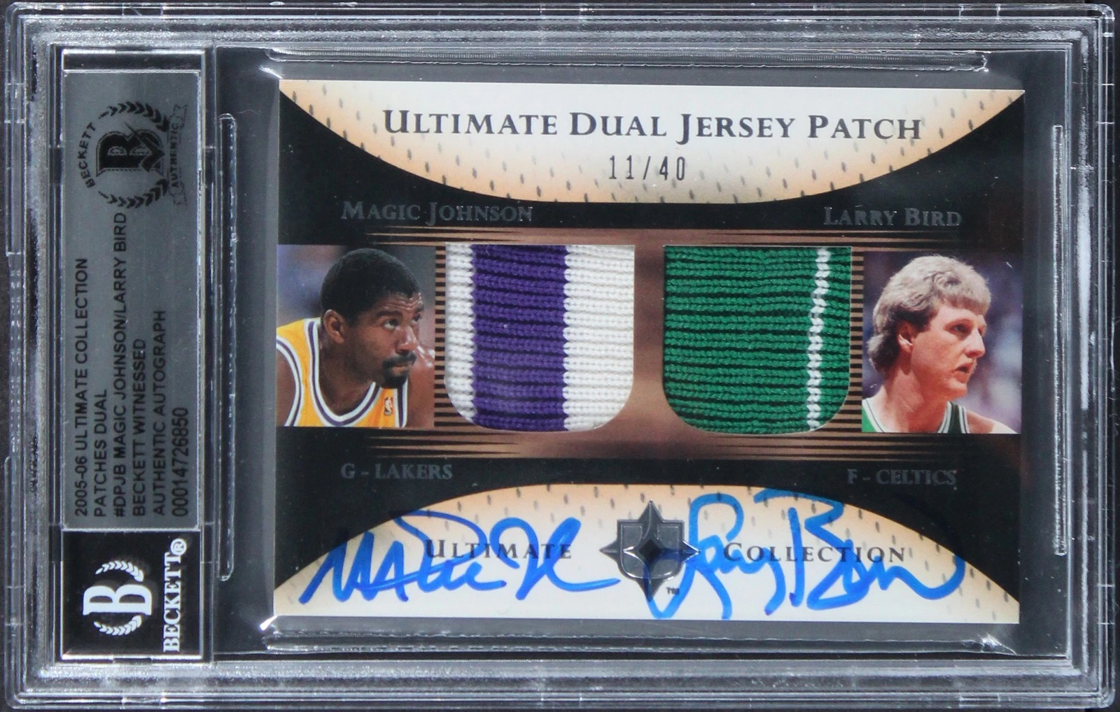 Magic Johnson & Larry Bird Signed 2005 Ultimate Patches DPJB 11/40 Card BAS Slab