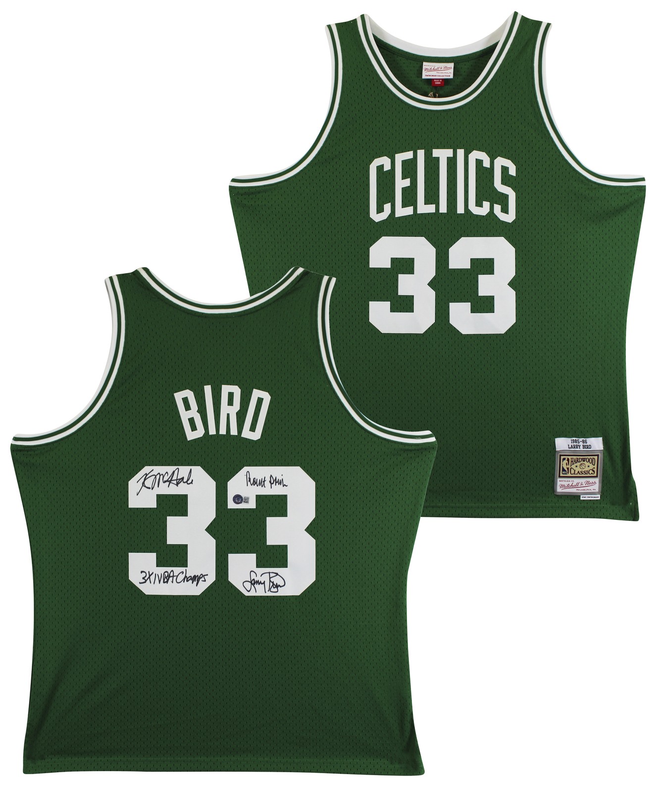 Celtics (3) Bird, Parish & McHale Signed Green M&N Swingman Jersey BAS Witnessed