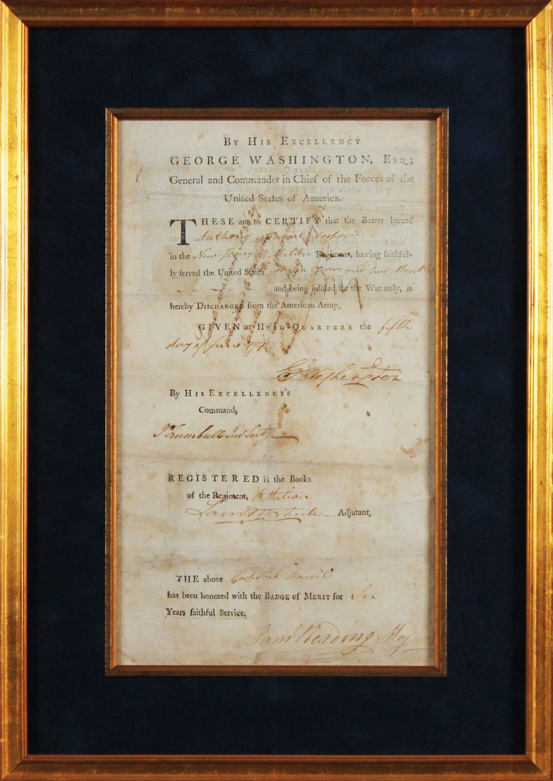 George Washington Signed & Framed 1783 Revolutionary War Discharge Document BAS