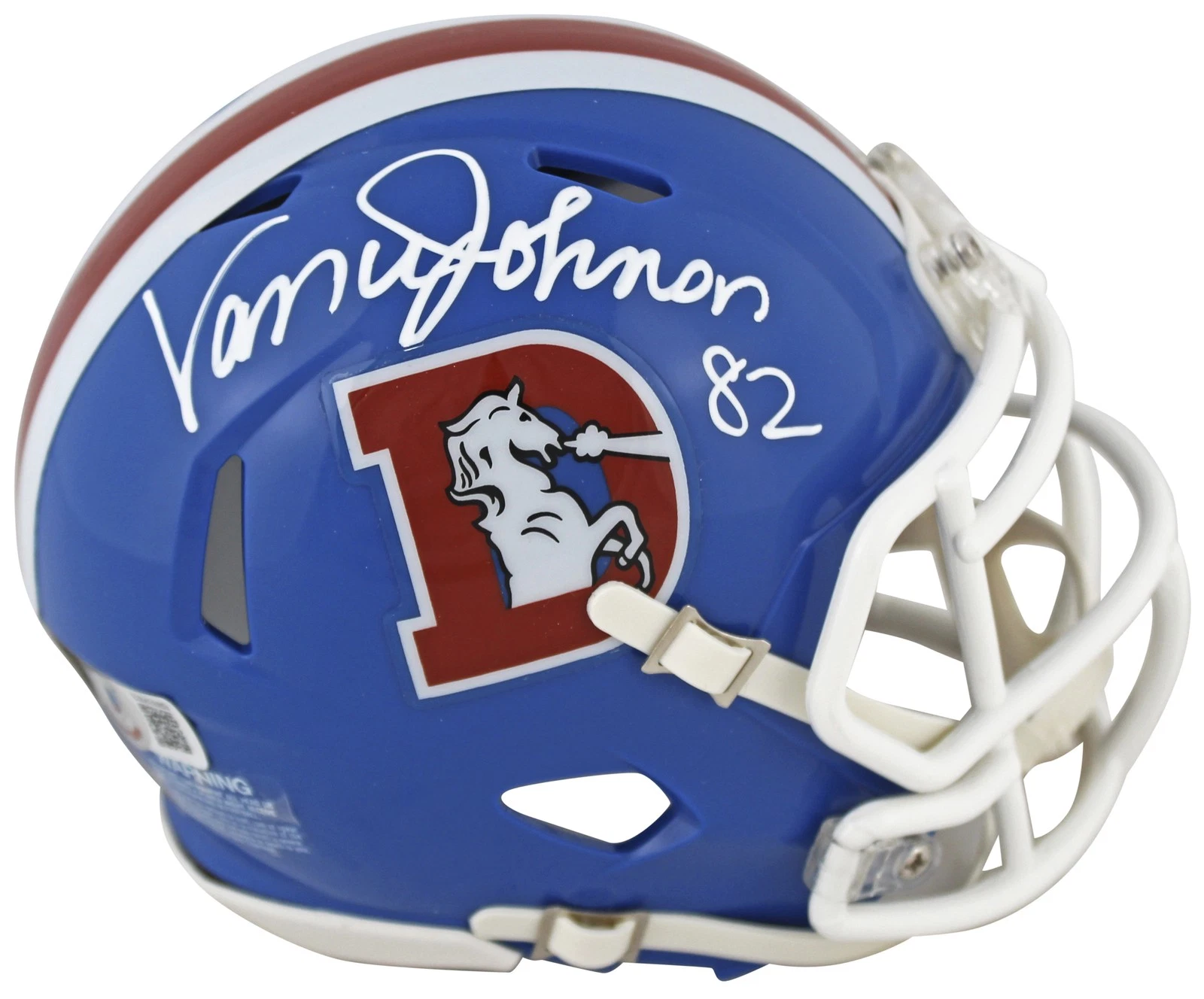 Broncos Vance Johnson Authentic Signed 1975-96 Blue TB Speed Mini Helmet BAS
