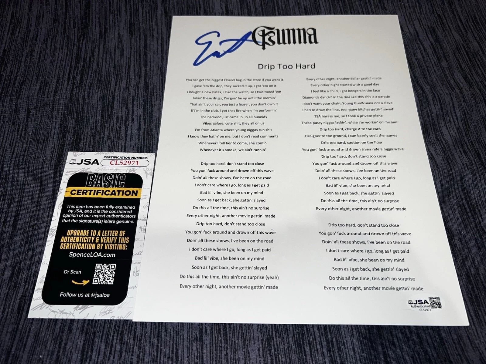 Gunna Signed Drip Too Hard Lyric Sheet Rap Music Legend JSA Auth