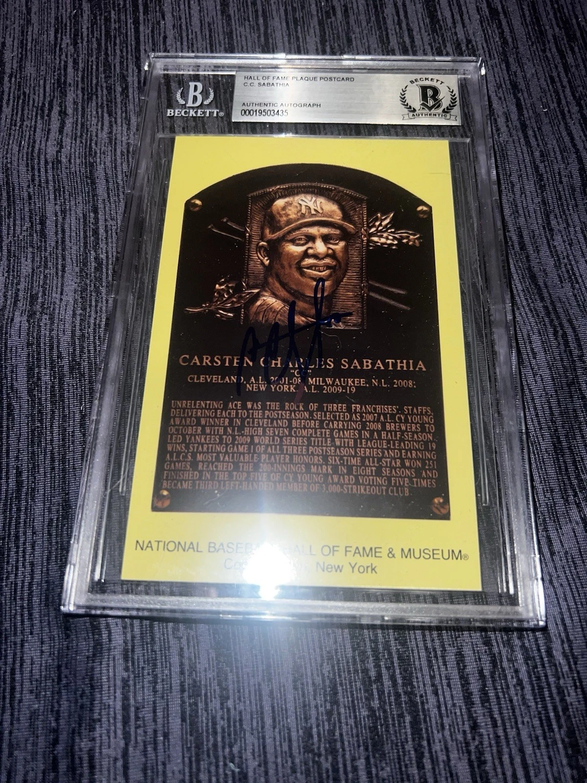 CC Sabathia Signed Official MLB HOF Plaque Postcard Cancelled Stamp Beckett