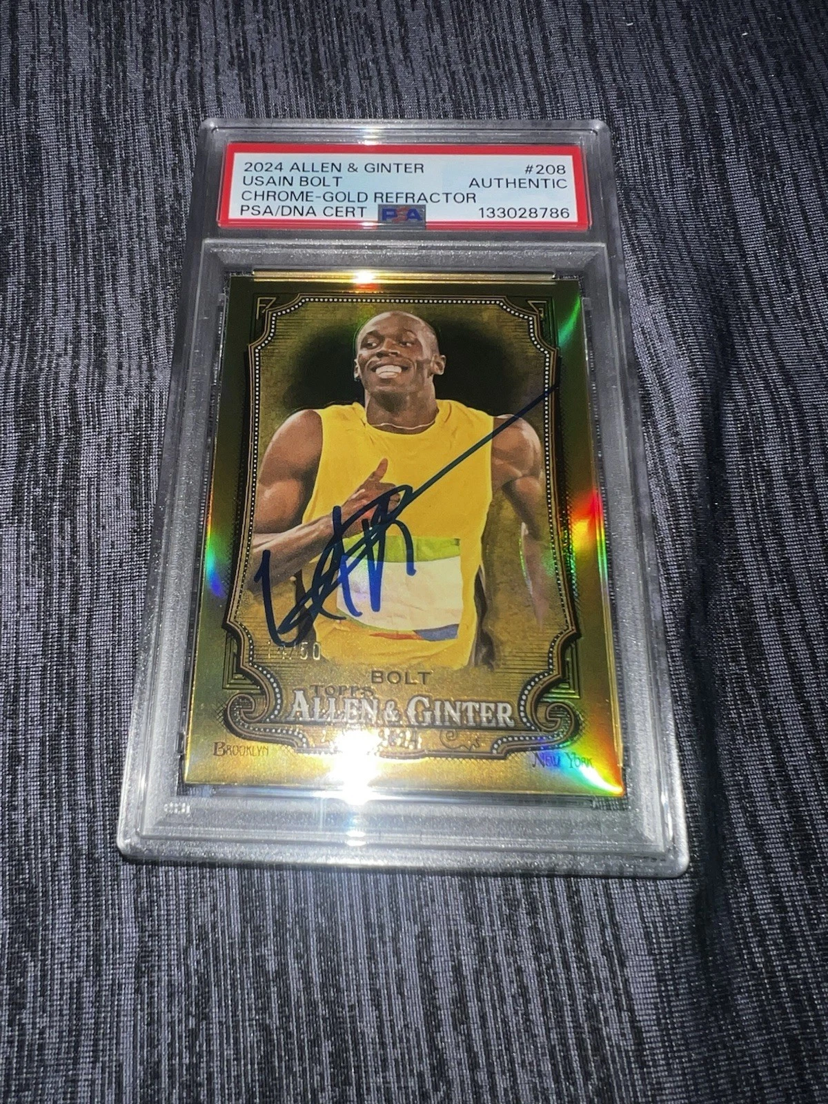 Usain Bolt Signed 2024 A&G Chrome Gold Refractor Trading Card #208 /50 PSA/DNA