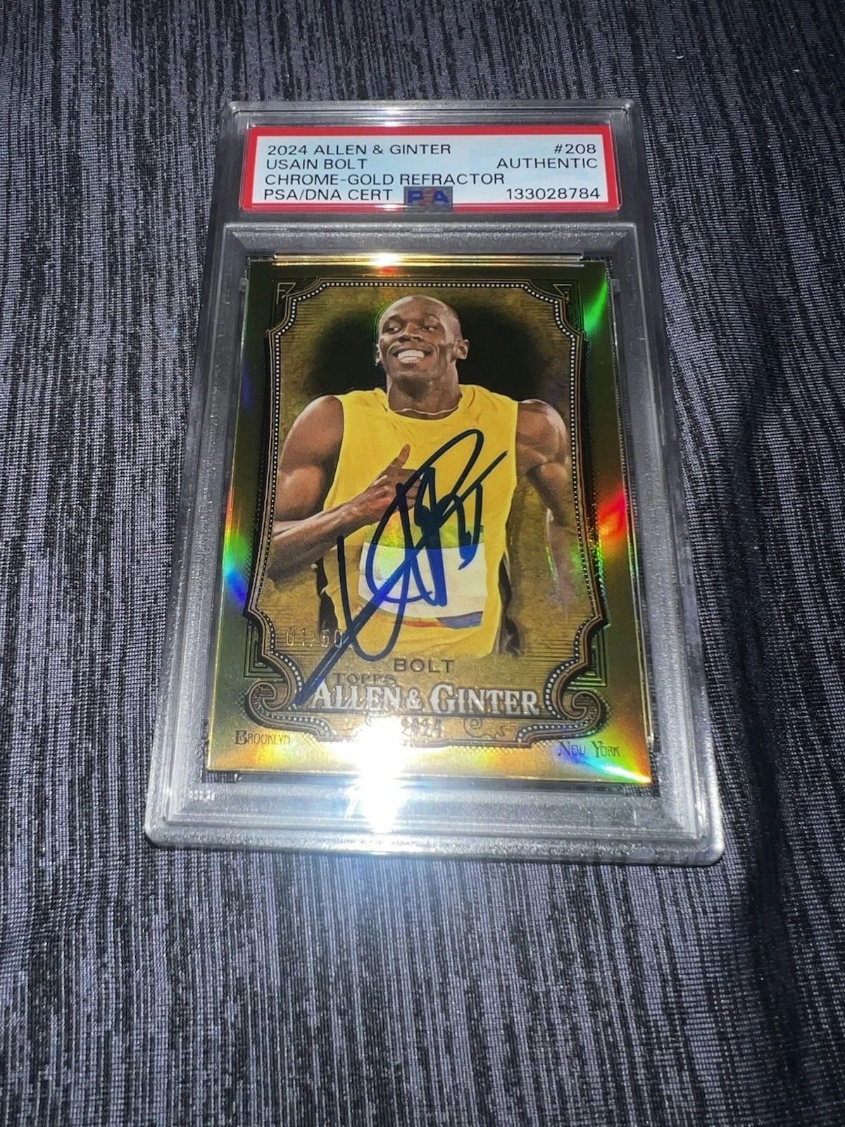 Usain Bolt Signed 2024 A&G Chrome Gold Refractor Trading Card #208 /50 PSA/DNA 3