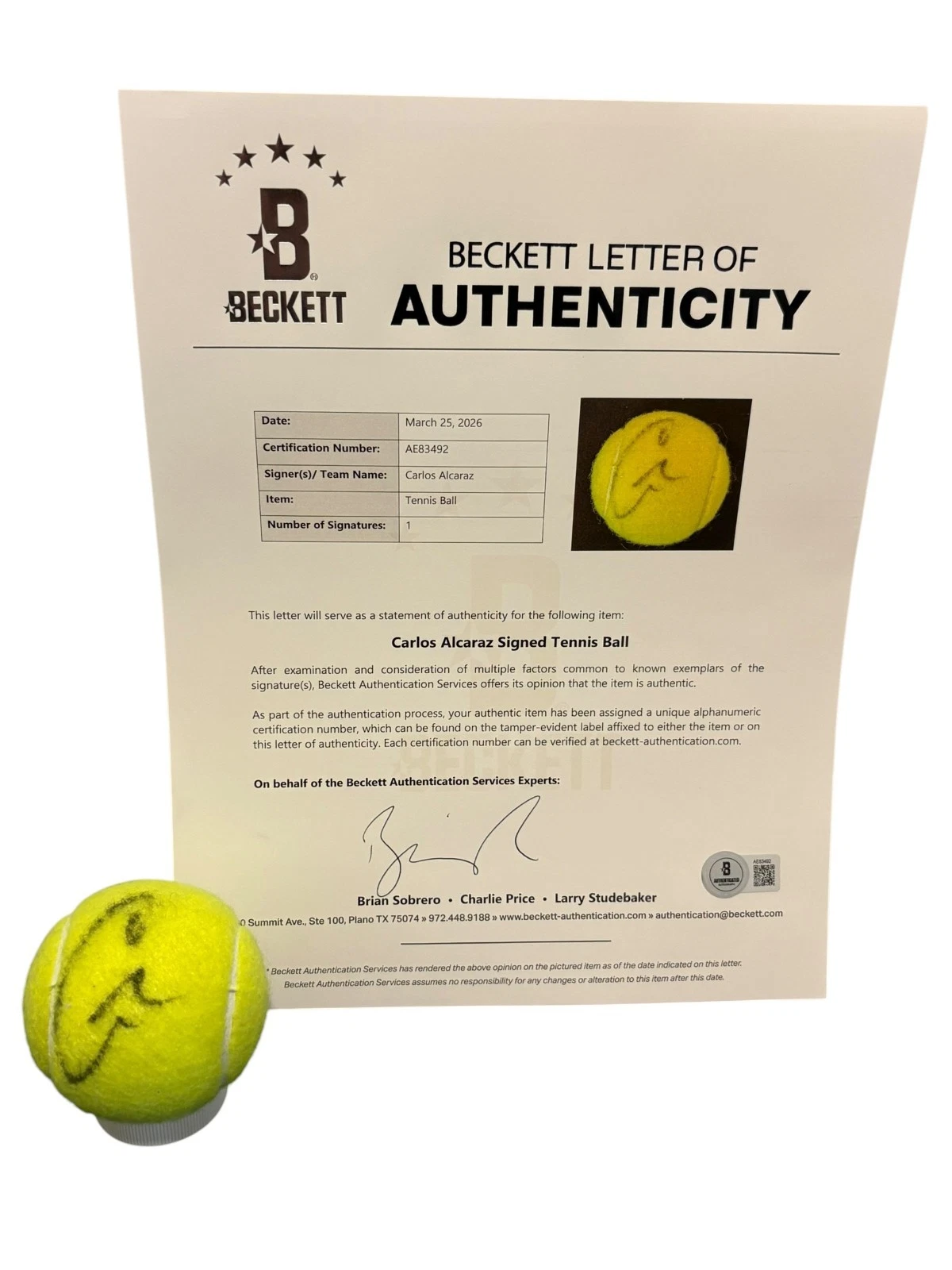 Carlos Alcaraz Signed Autograph Official US Open Tennis Ball Authentic Beckett