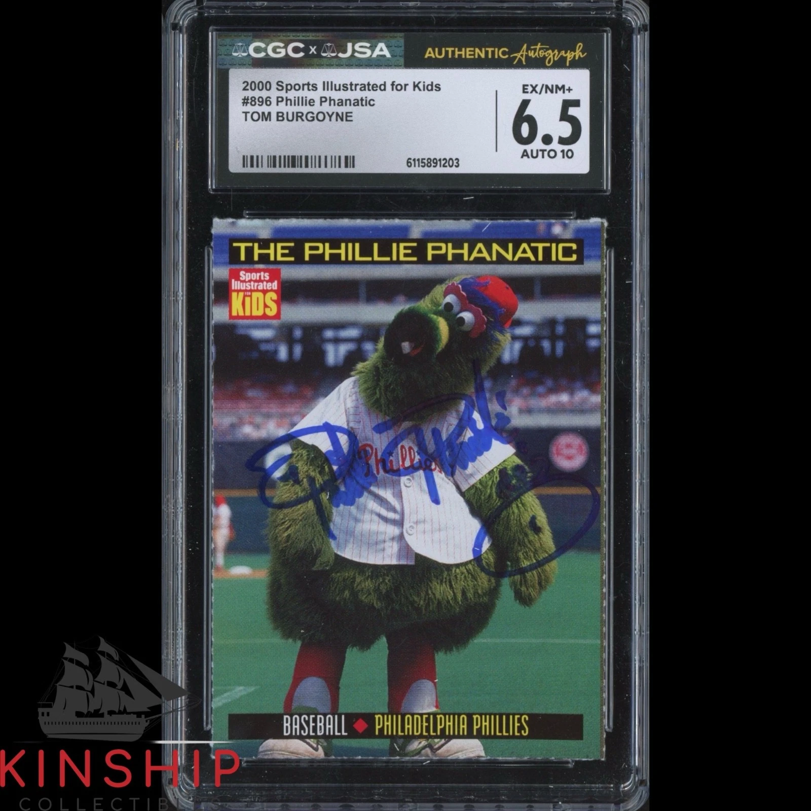 Tom Burgoyne Phillie Phanatic signed 2000 SI Kids Card JSA CGC Slab Auto C5960