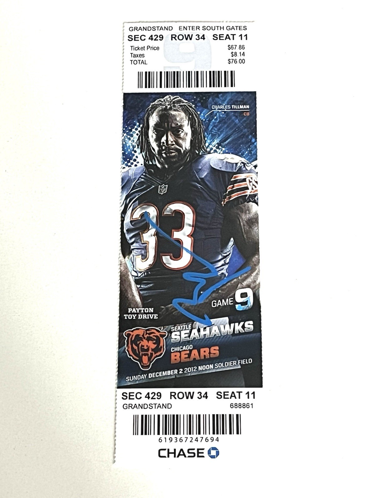 BRIAN URLACHER SIGNED FINAL GAME 2012 12/23/12 TICKET STUB BECKETT CERT