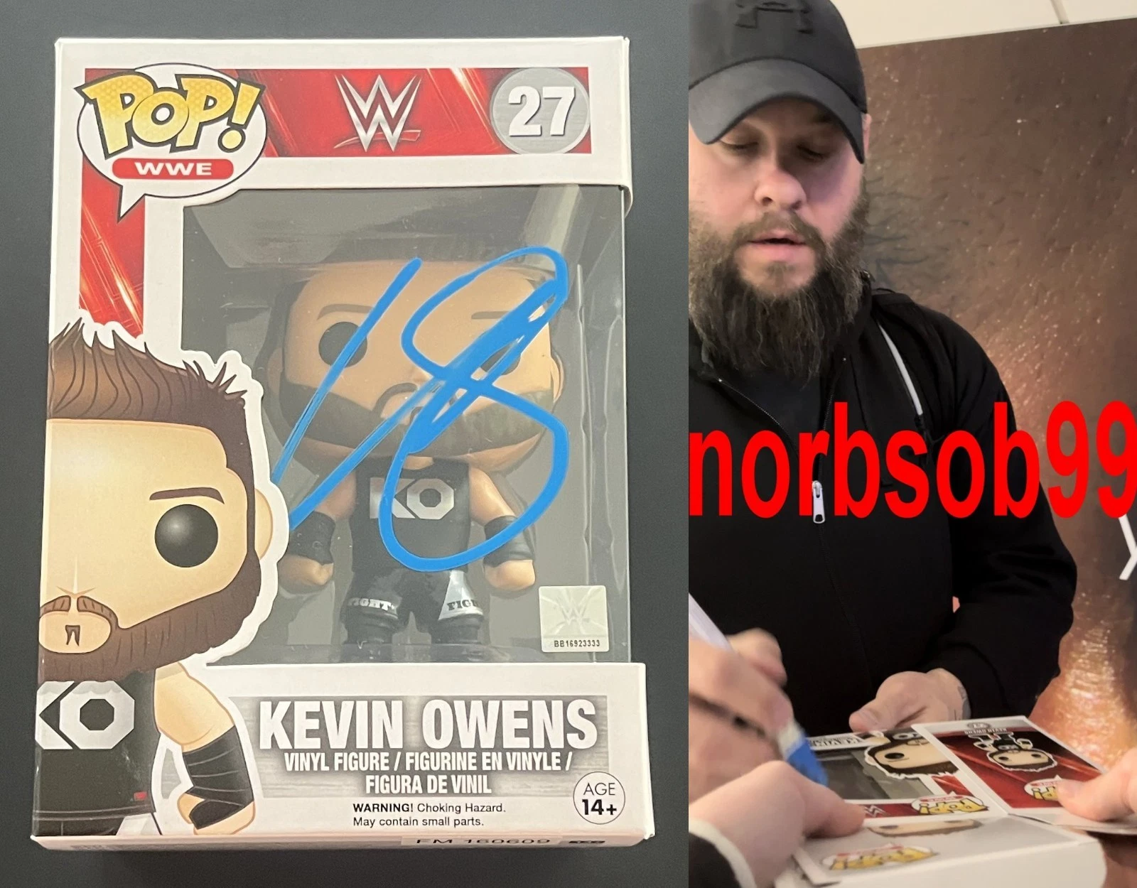 KEVIN OWENS KO SIGNED AUTOGRAPH WWE POP FUNKO FIGURE 27 wEXACT PROOF BECKETT COA