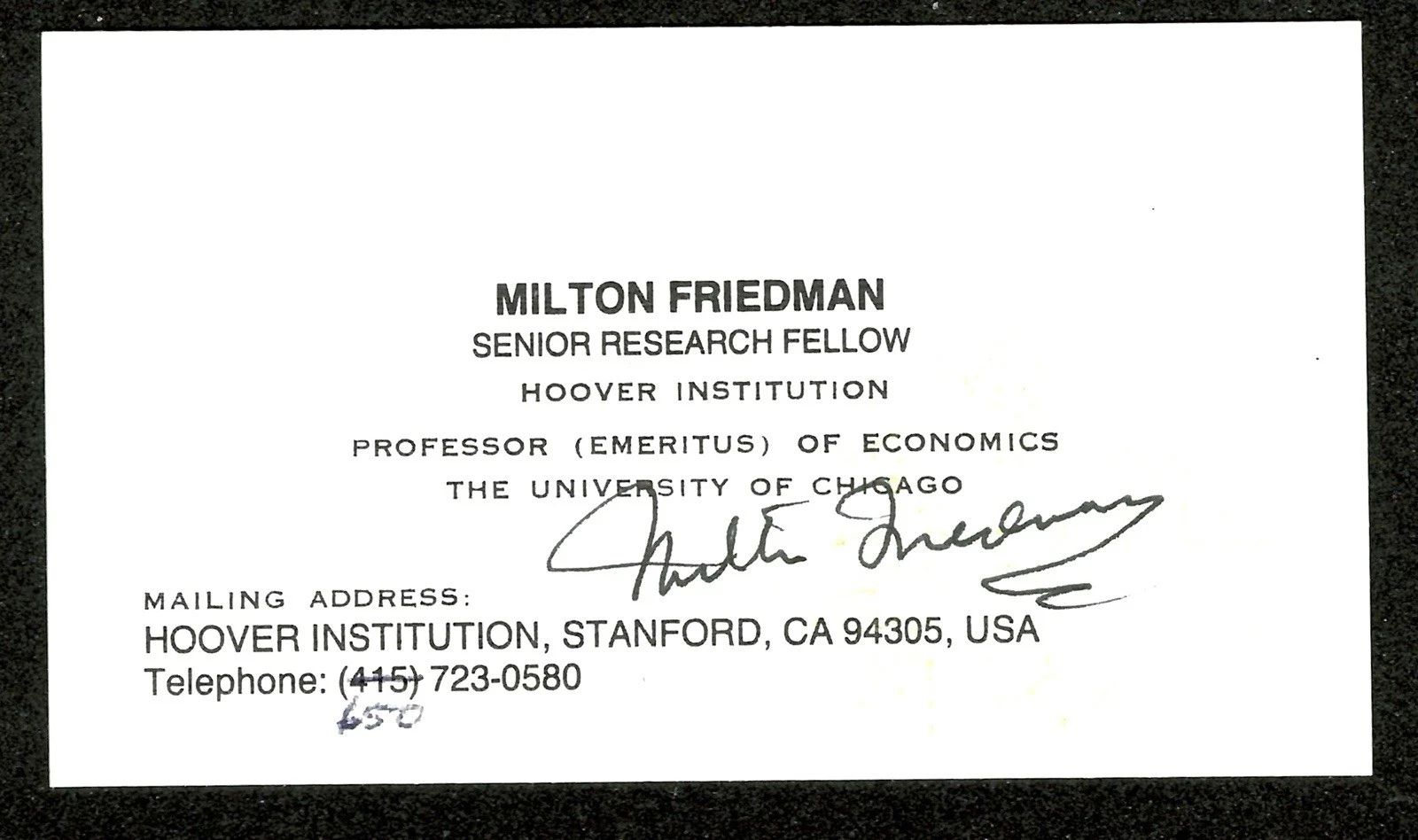 Milton Friedman Signed Autographed Business Card BAS Beckett Cert Economist