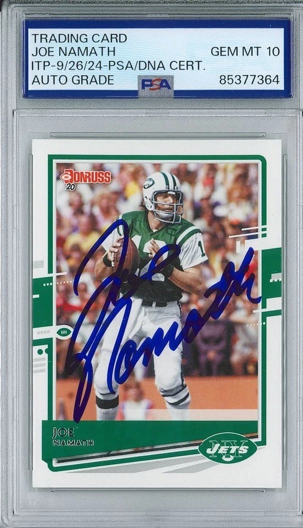 Joe Namath Signed 2020 Panini Donruss #195 Card PSA 85377364 GM MT 10 AUTO