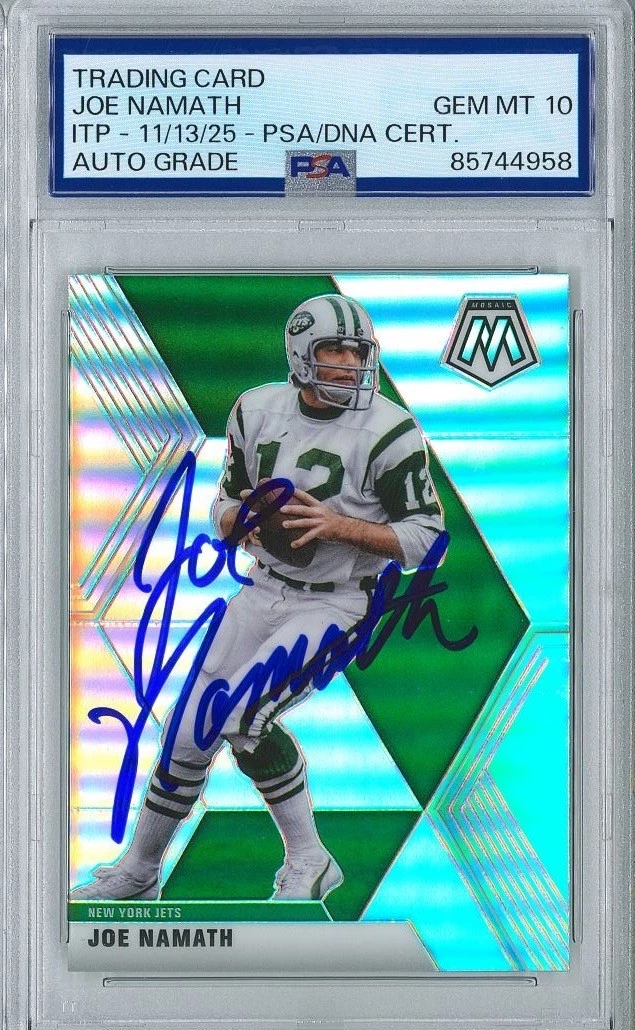 Joe Namath Signed 2020 Panini Mosaic #155 Silver Prizm Card PSA GEM MINT 10 AUTO