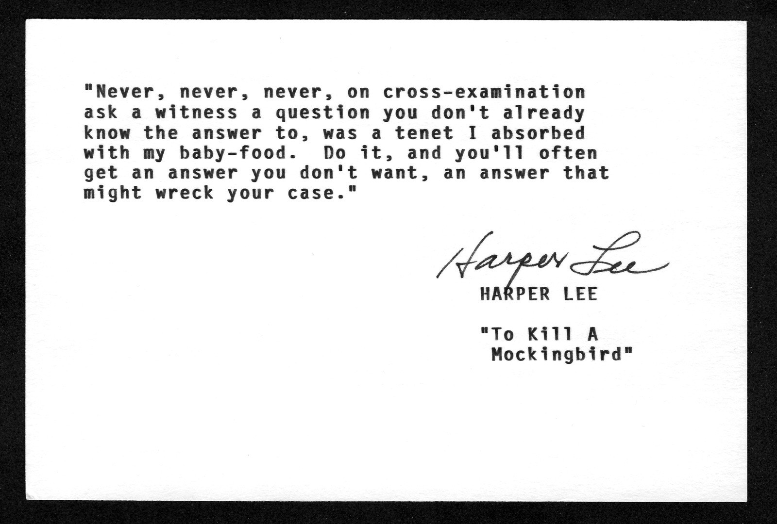 Harper Lee To Kill A Mockingbird Typed Quotation Signed TQS 4x6 Card Beckett BAS