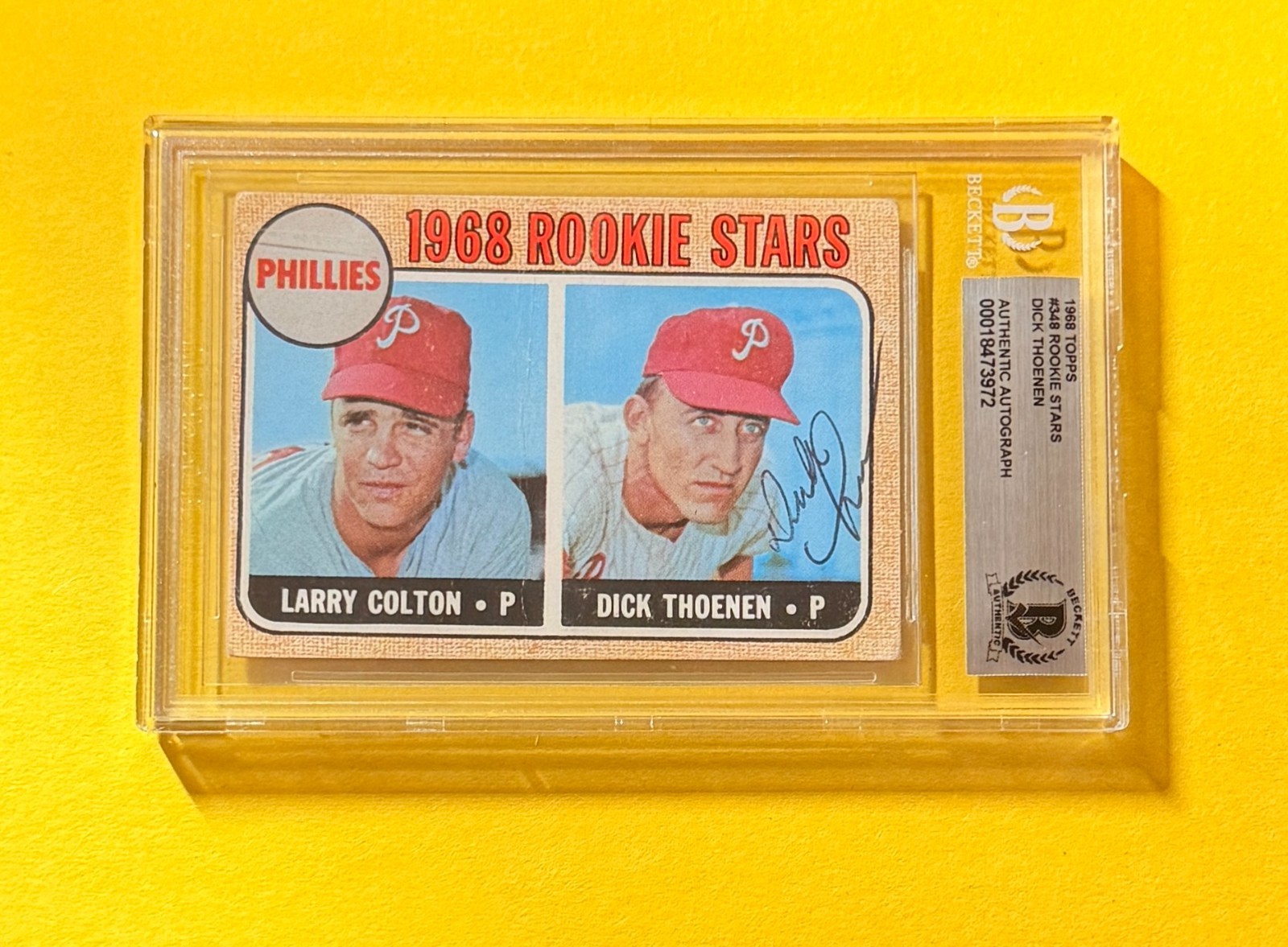 1968 TOPPS DICK THOENEN ROOKIE #348 SIGNED AUTO CARD BECKETT AUTHENTIC PHILLIES