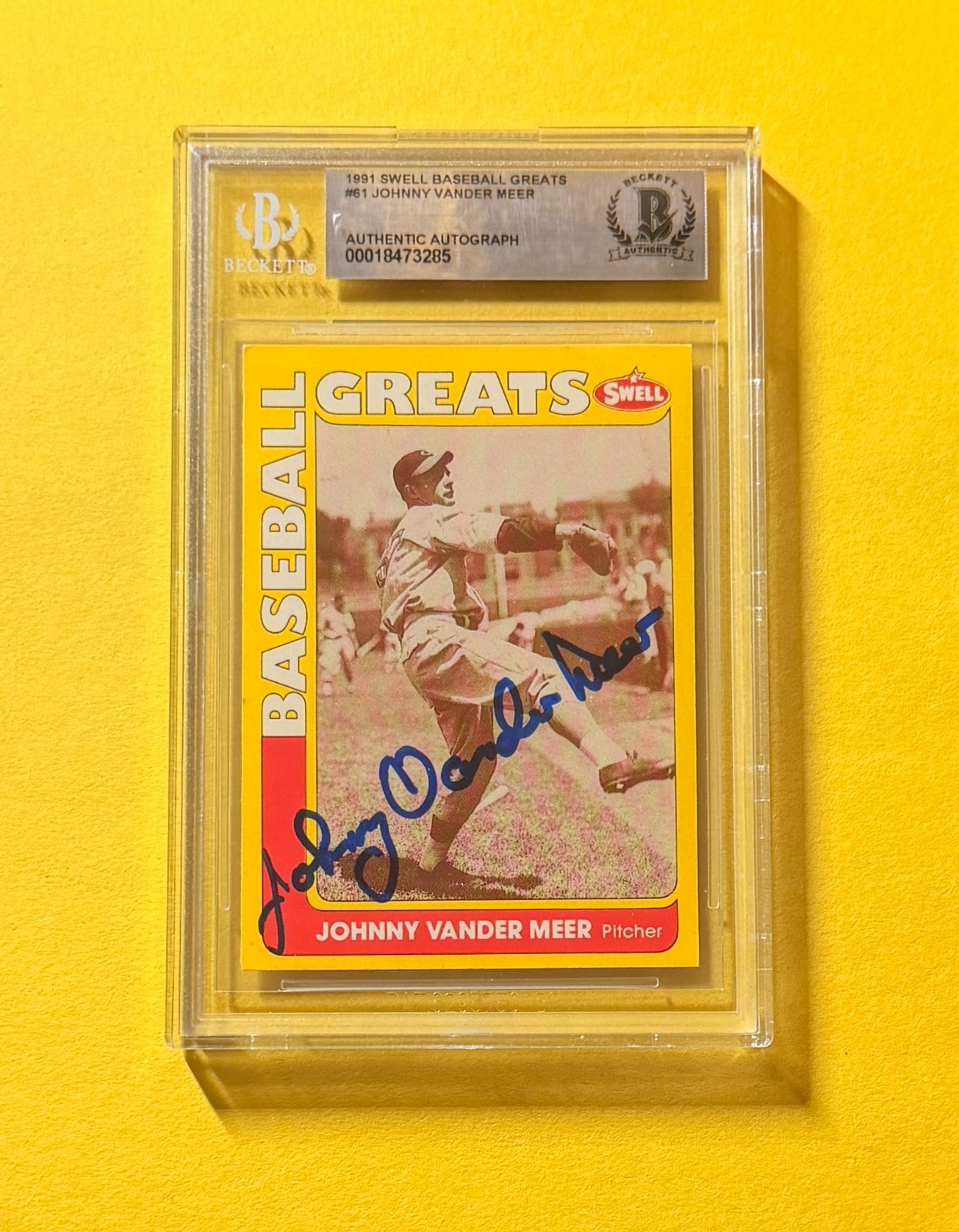 1991 SWELL GREATS JOHNNY VANDER MEER #61 SIGNED AUTO CARD BECKETT AUTHENTIC
