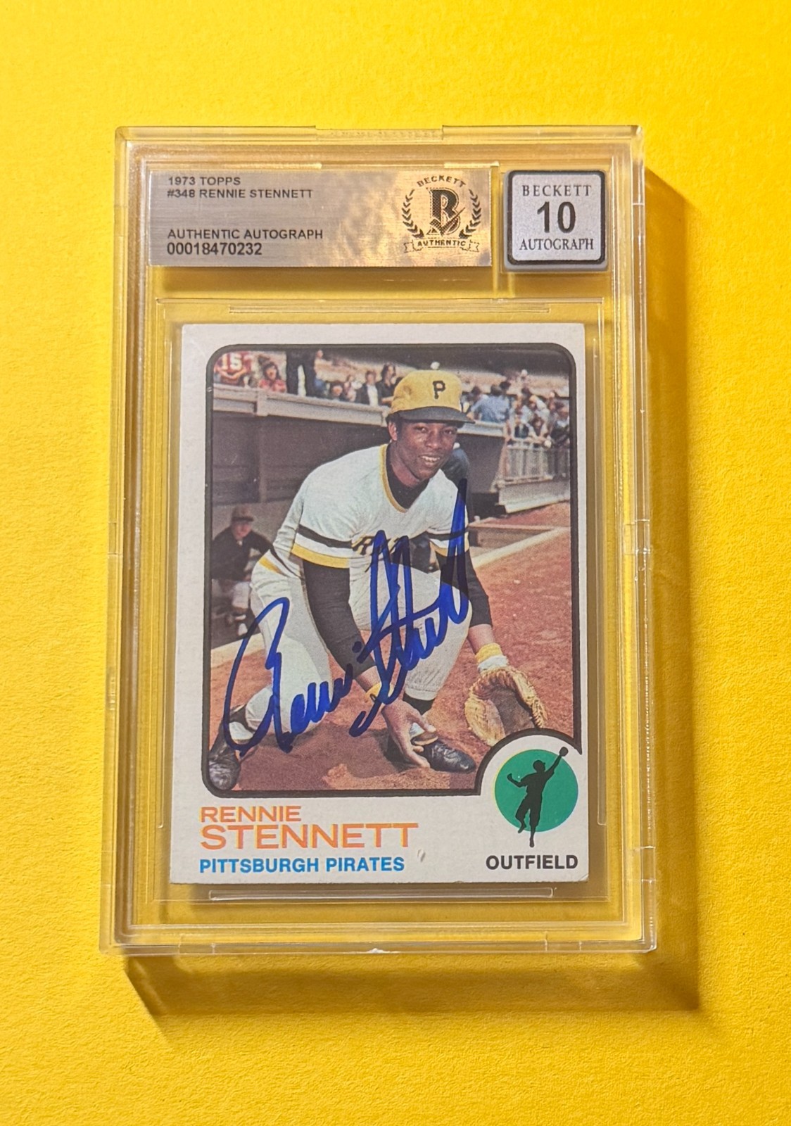 1973 TOPPS RENNIE STENNETT #348 SIGNED AUTO CARD BECKETT 10 AUTHENTIC PIRATES