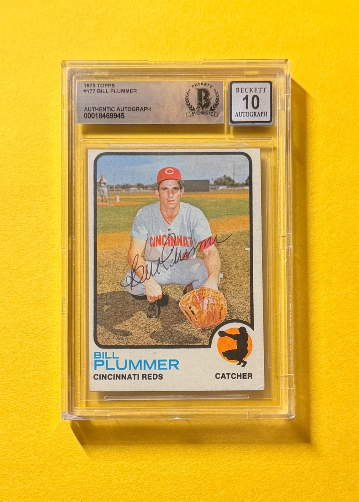 1973 TOPPS BILL PLUMMER #177 SIGNED AUTO CARD BECKETT 10 AUTHENTIC REDS