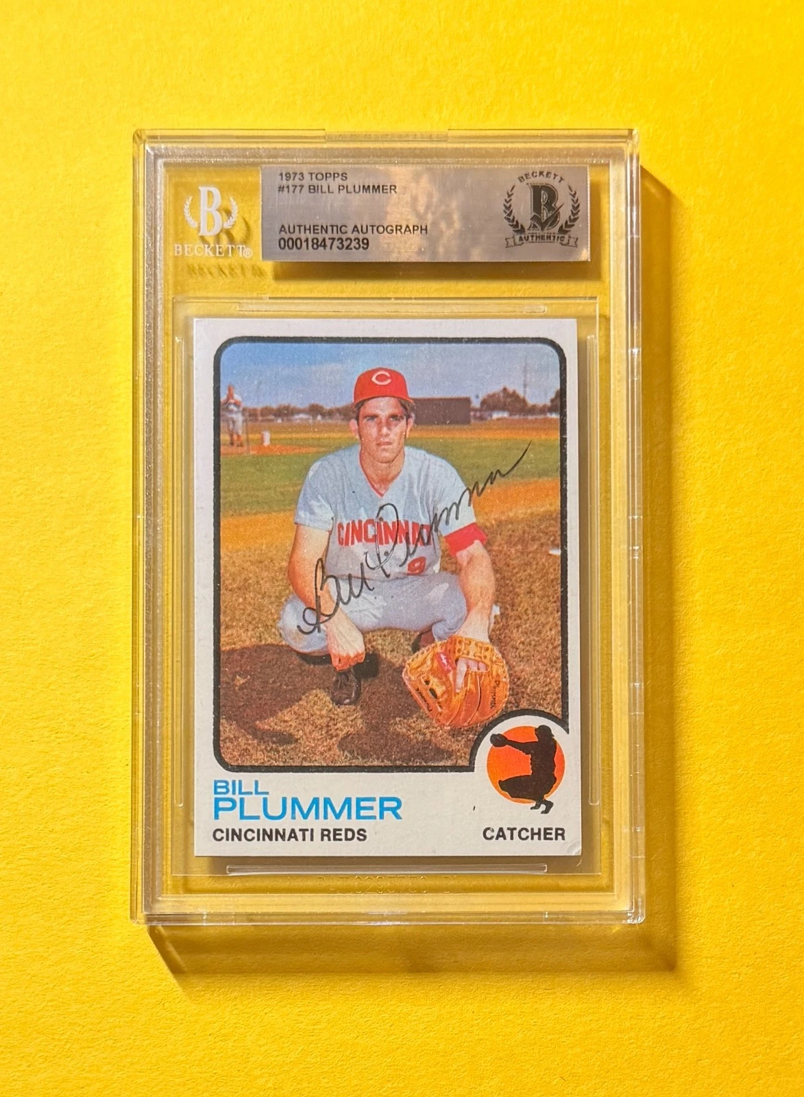 1973 TOPPS BILL PLUMMER #177 SIGNED AUTO CARD BECKETT AUTHENTIC REDS