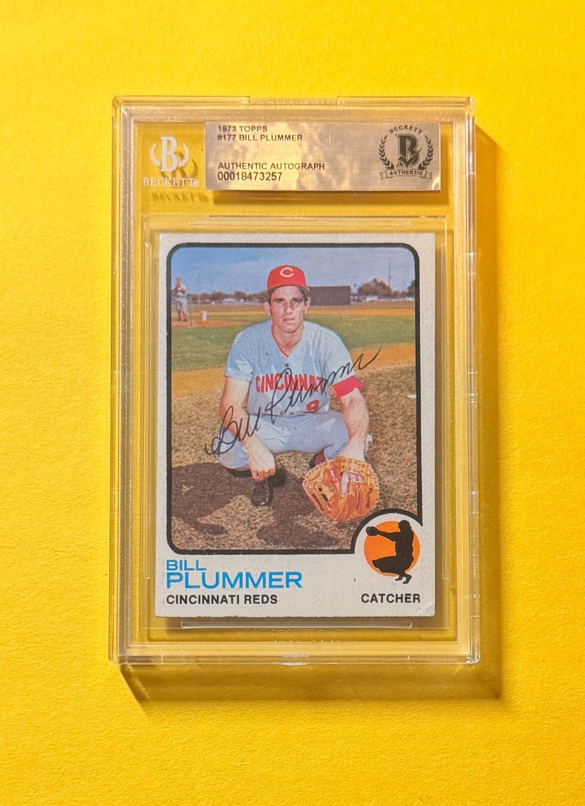 1973 TOPPS BILL PLUMMER #177 SIGNED AUTO CARD BECKETT AUTHENTIC REDS