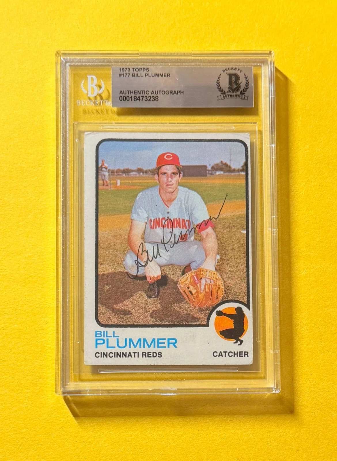 1973 TOPPS BILL PLUMMER #177 SIGNED AUTO CARD BECKETT AUTHENTIC REDS