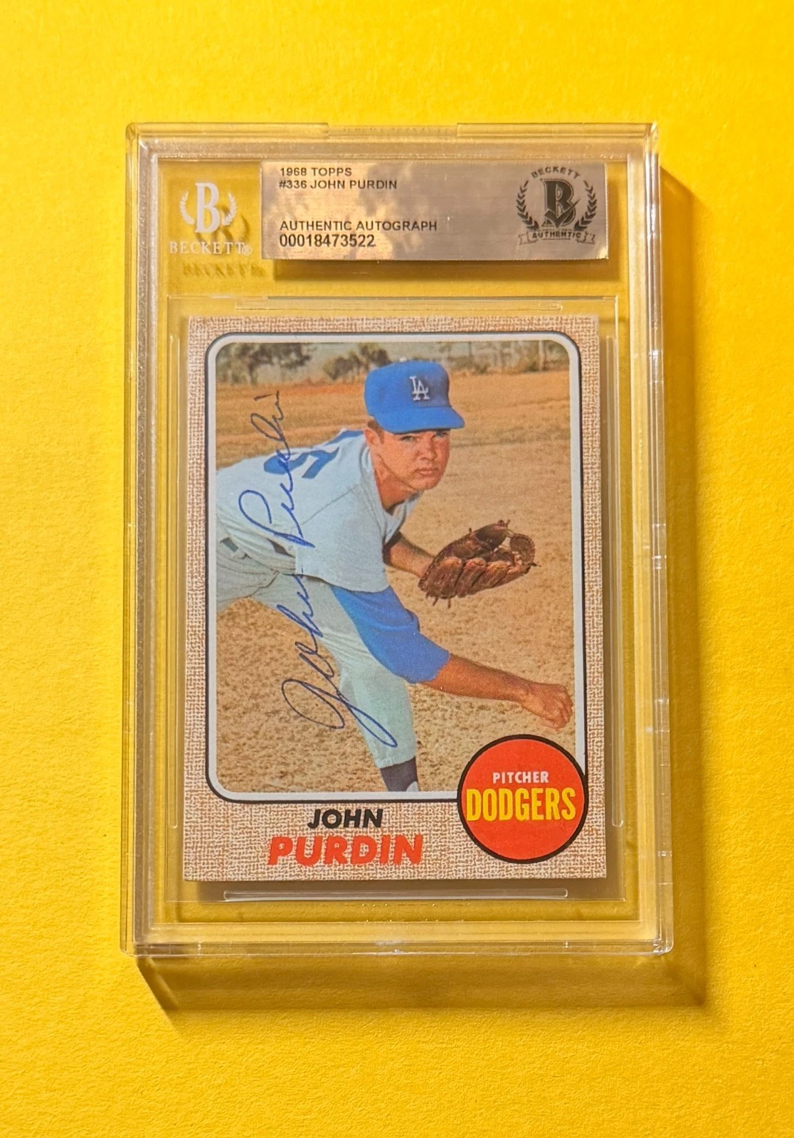 1968 TOPPS JOHN PURDIN #336 SIGNED AUTO CARD BECKETT AUTHENTIC DODGERS