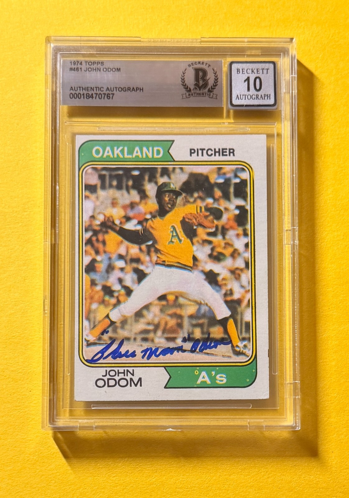 1975 TOPPS JOHN ODOM  #461 SIGNED AUTO CARD BECKETT 10 AUTHENTIC A'S