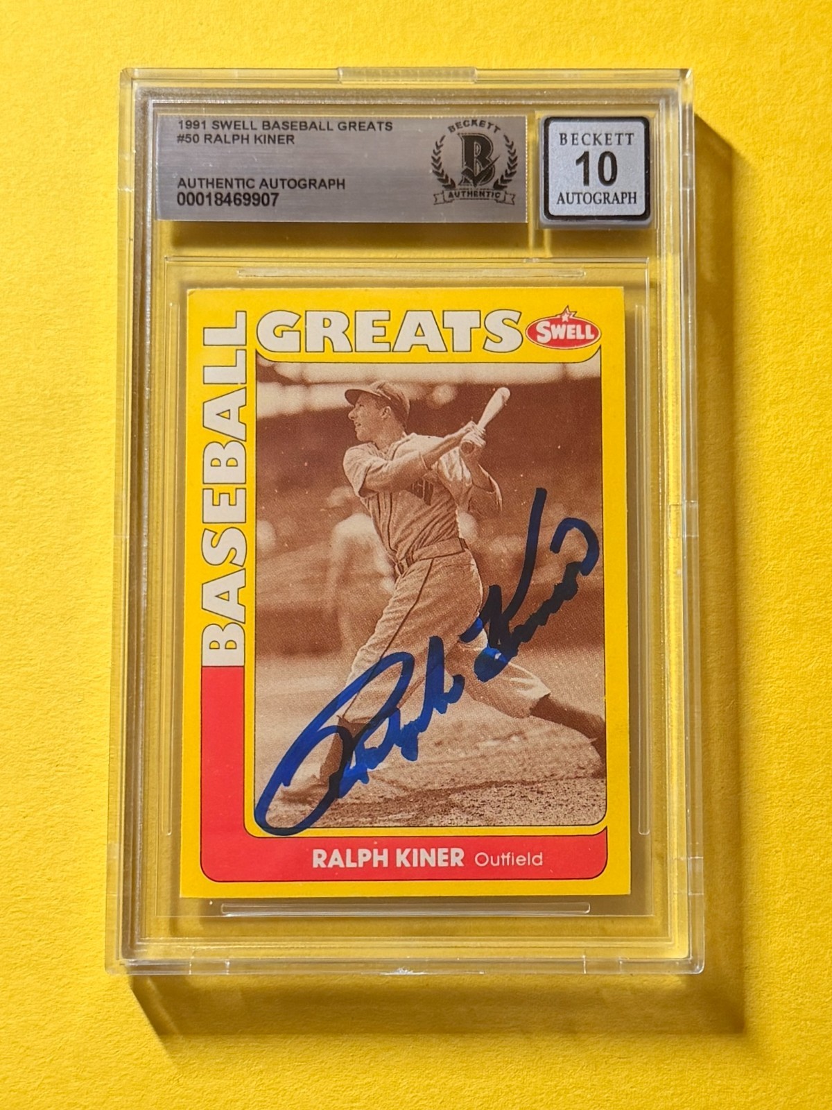 1991 SWELL BASEBALL GREATS RALPH KINER #50 SIGNED AUTO CARD BECKETT 10 AUTHENTIC