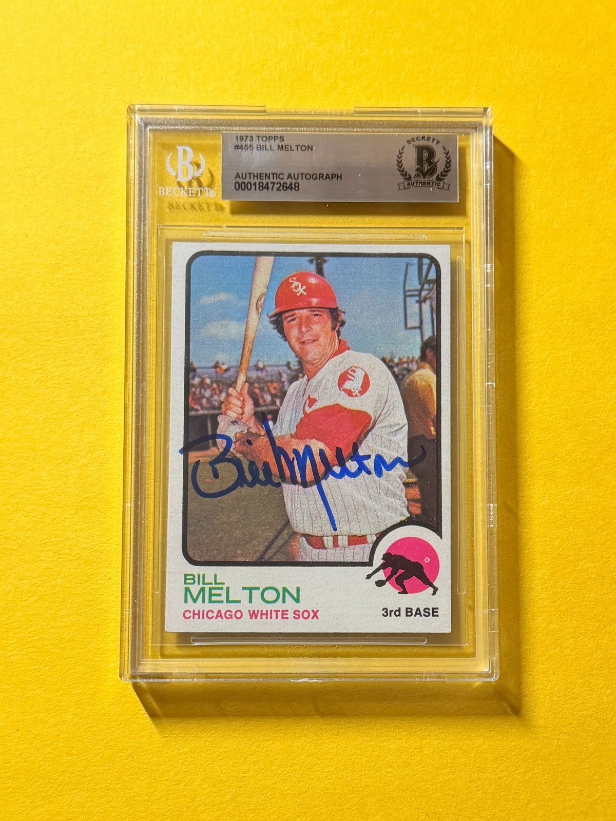 1973 TOPPS BILL MELTON #455 SIGNED AUTO CARD BECKETT AUTHENTIC WHITE SOX
